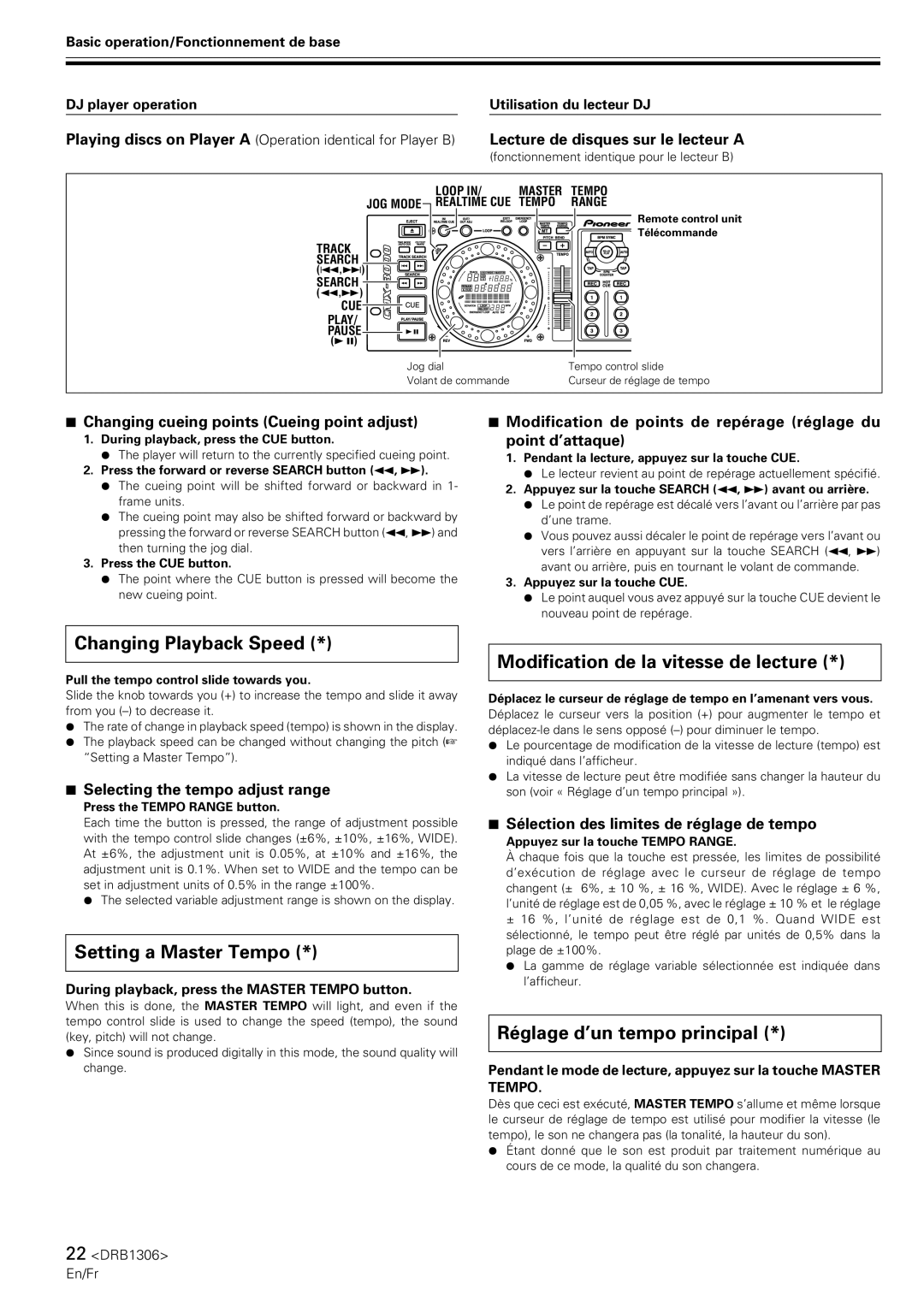 Pioneer CMX-3000 Changing Playback Speed, Setting a Master Tempo, Modification de la vitesse de lecture 