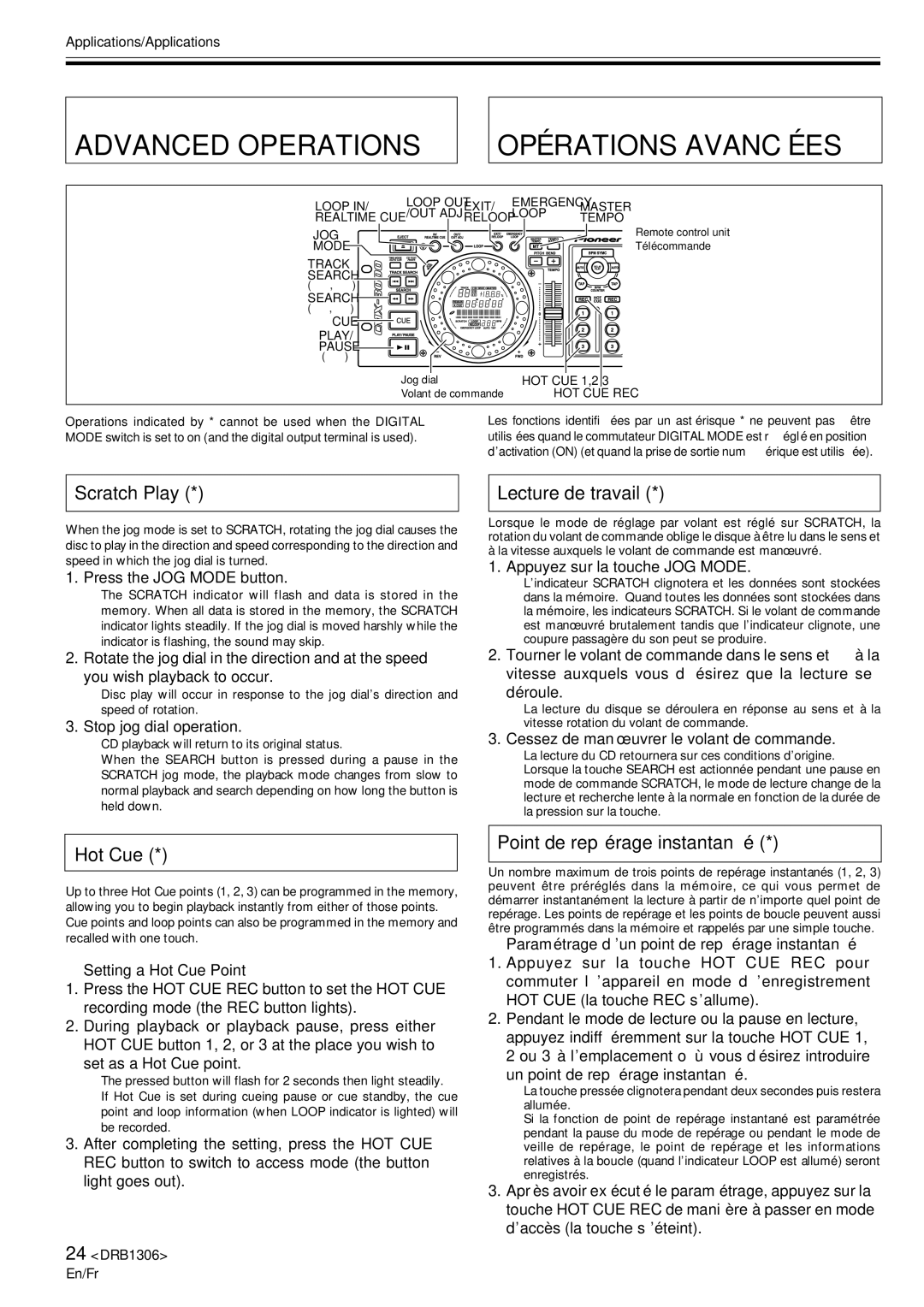 Pioneer CMX-3000 operating instructions Advanced Operations Opérations Avancées, Scratch Play, Hot Cue, Lecture de travail 