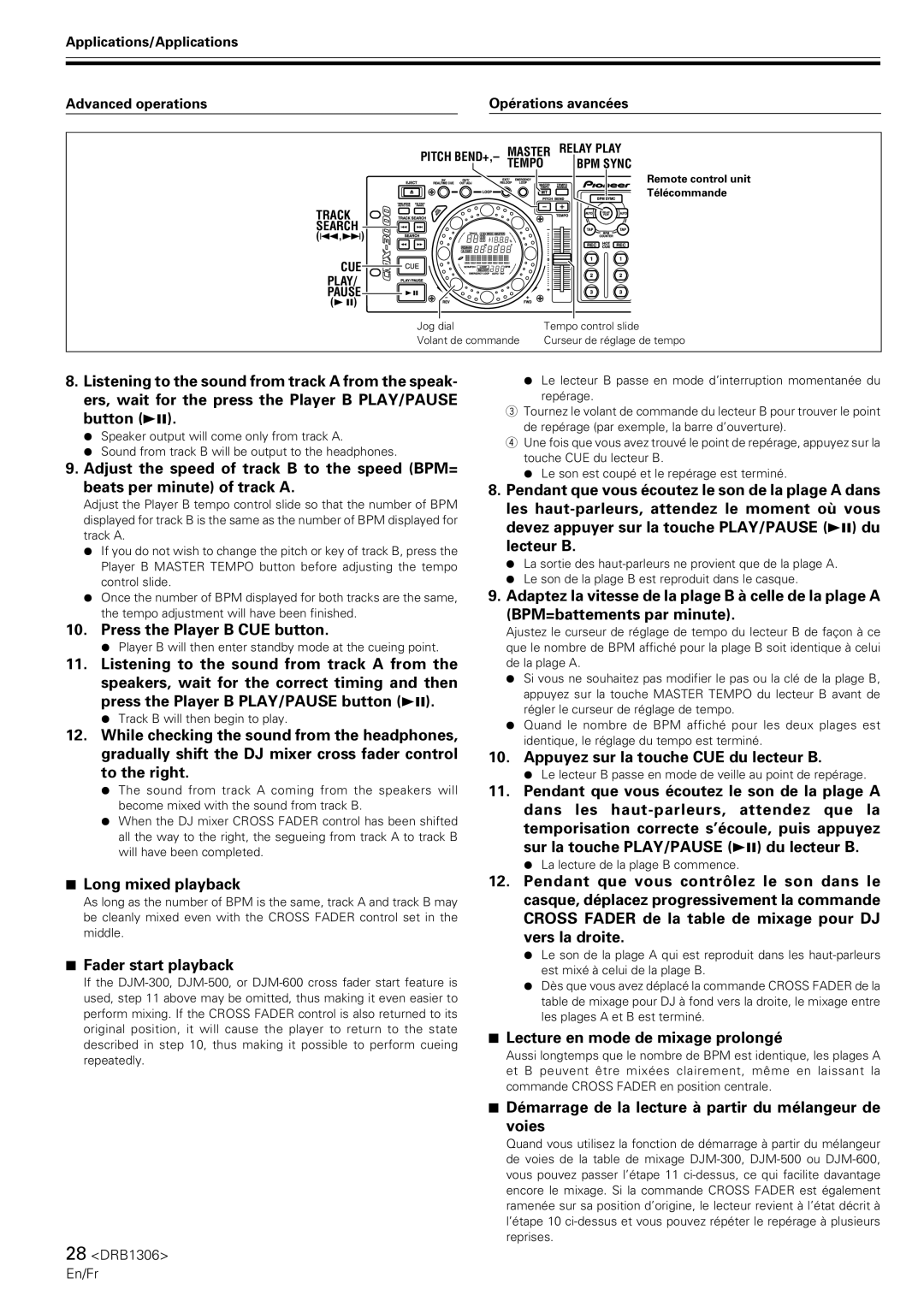 Pioneer CMX-3000 Press the Player B CUE button, Appuyez sur la touche CUE du lecteur B, Long mixed playback 