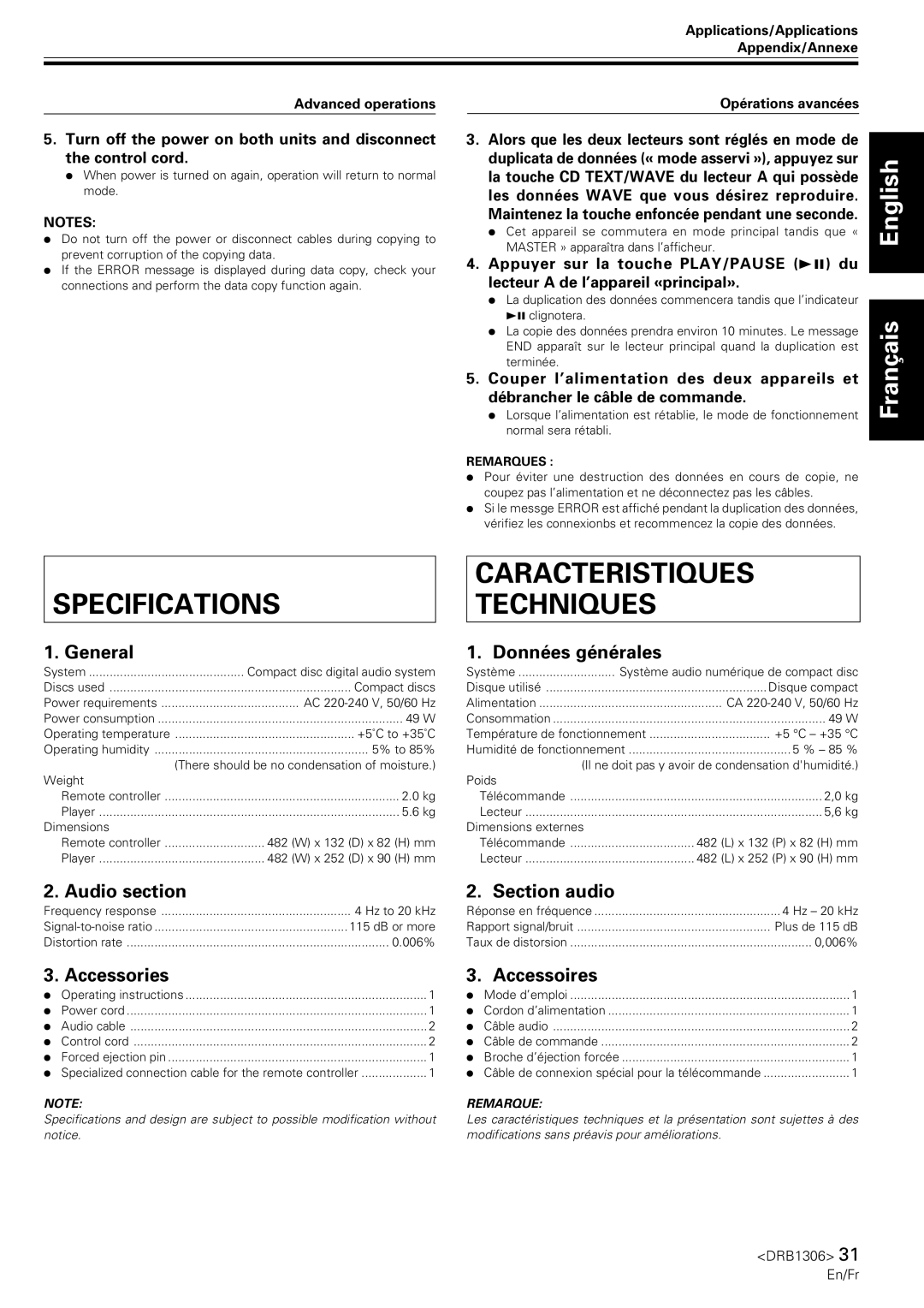 Pioneer CMX-3000 operating instructions Specifications, Caracteristiques Techniques 