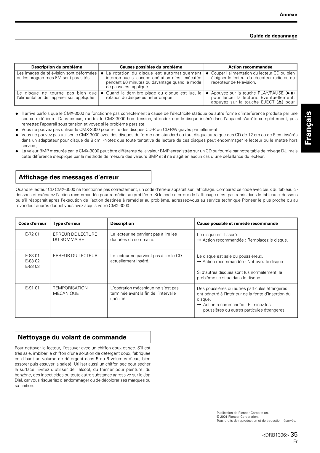 Pioneer CMX-3000 Affichage des messages d’erreur, Nettoyage du volant de commande, Annexe Guide de depannage 