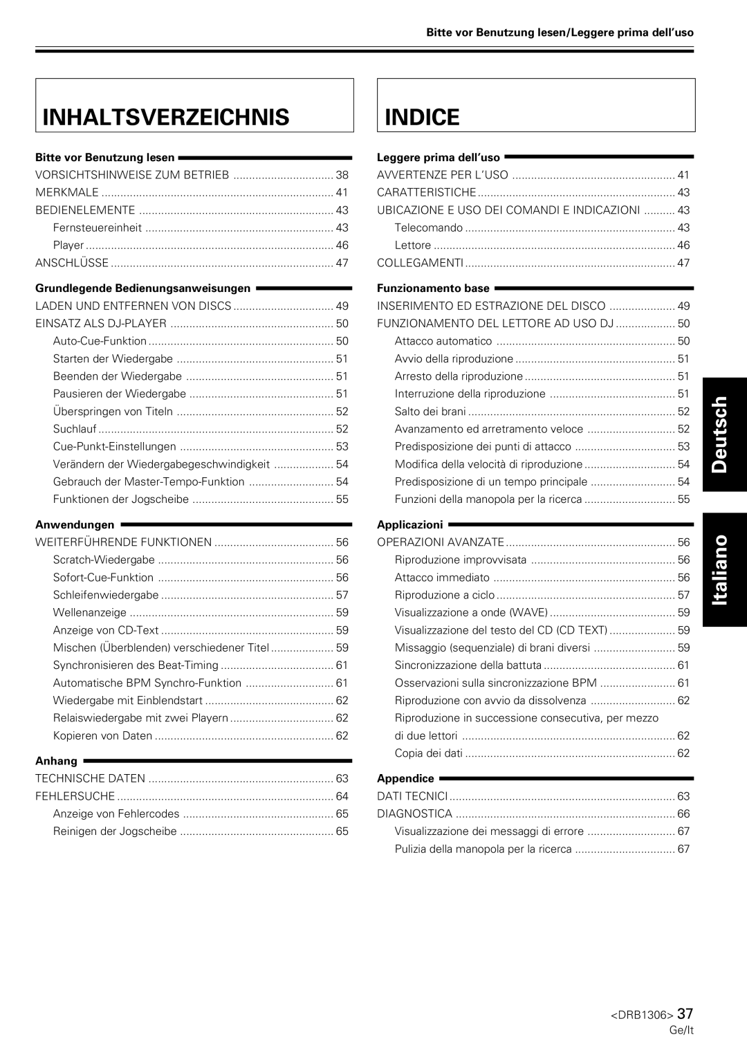 Pioneer CMX-3000 operating instructions Inhaltsverzeichnis, Indice 