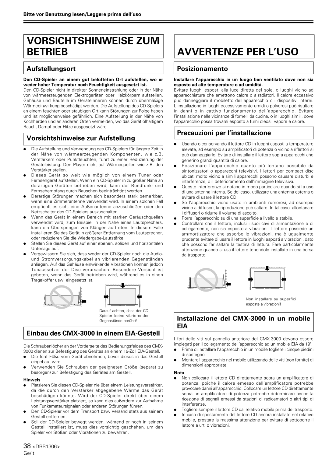 Pioneer CMX-3000 operating instructions Vorsichtshinweise ZUM Betrieb, Avvertenze PER L’USO 