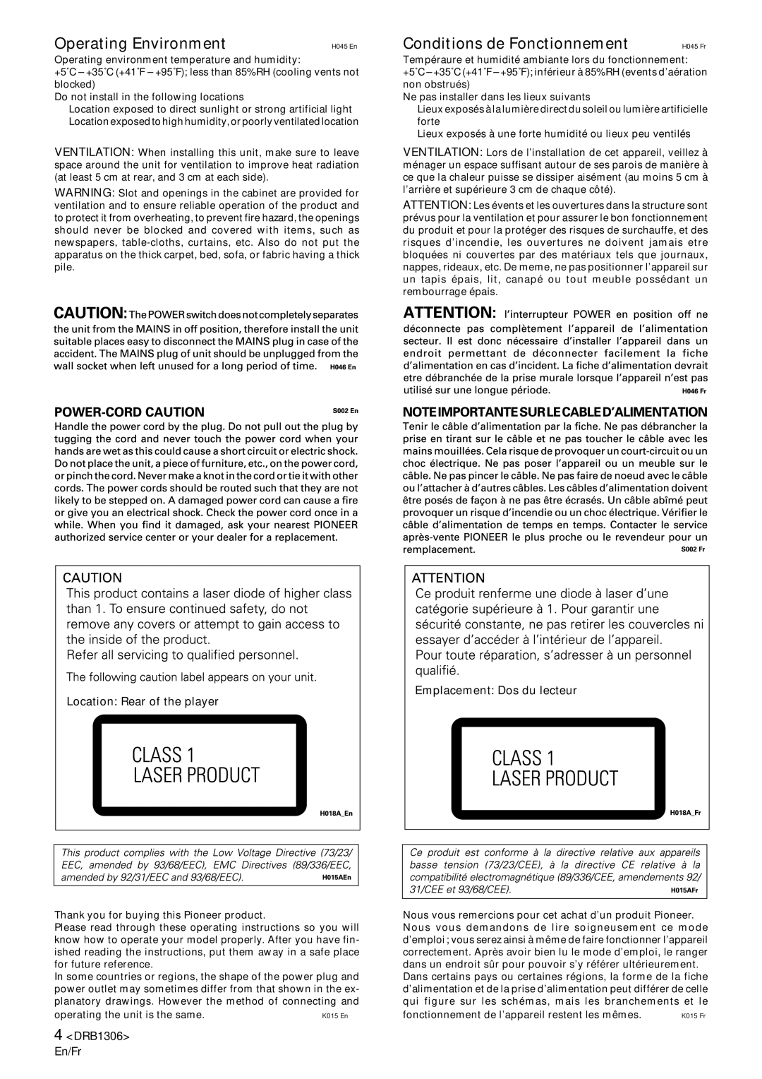 Pioneer CMX-3000 operating instructions Operating Environment, Conditions de Fonctionnement 