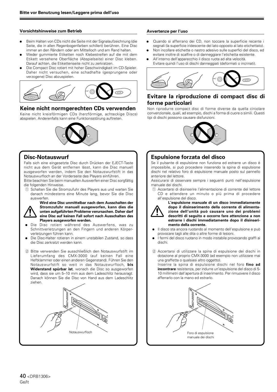 Pioneer CMX-3000 Keine nicht normgerechten CDs verwenden, Disc-Notauswurf, Espulsione forzata del disco 