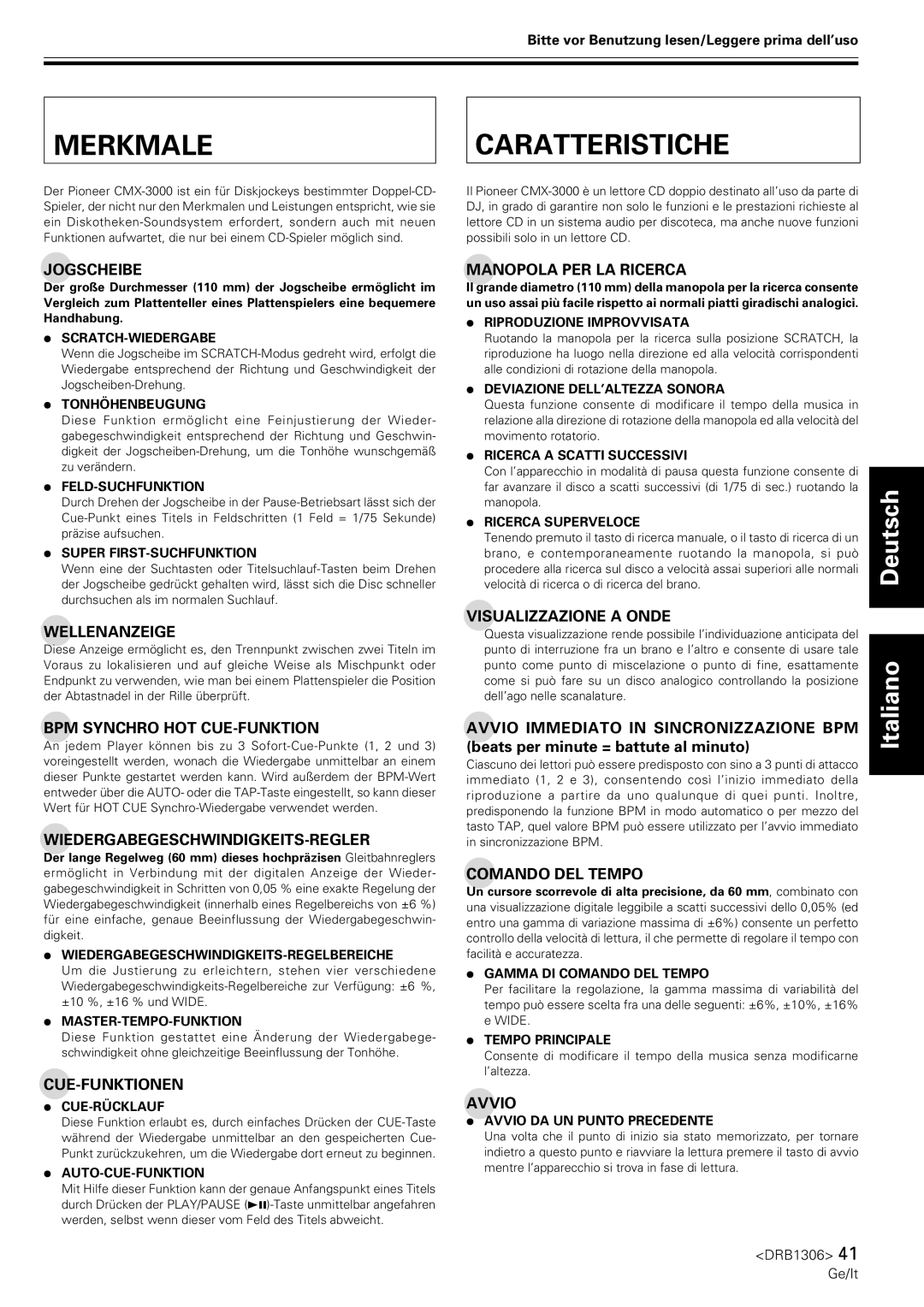 Pioneer CMX-3000 operating instructions Merkmale Caratteristiche 