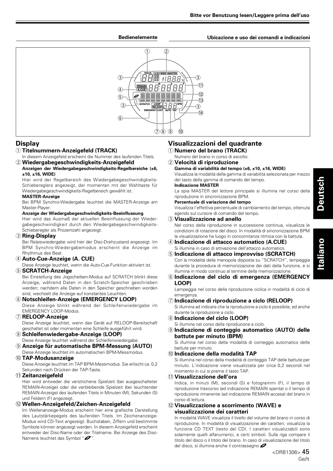 Pioneer CMX-3000 operating instructions Visualizzazioni del quadrante 