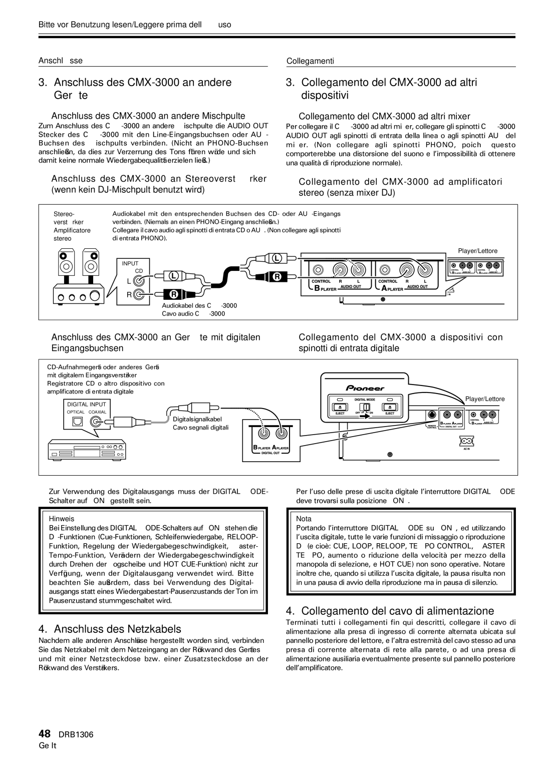 Pioneer CMX-3000 operating instructions Anschluss des Netzkabels, Collegamento del cavo di alimentazione 