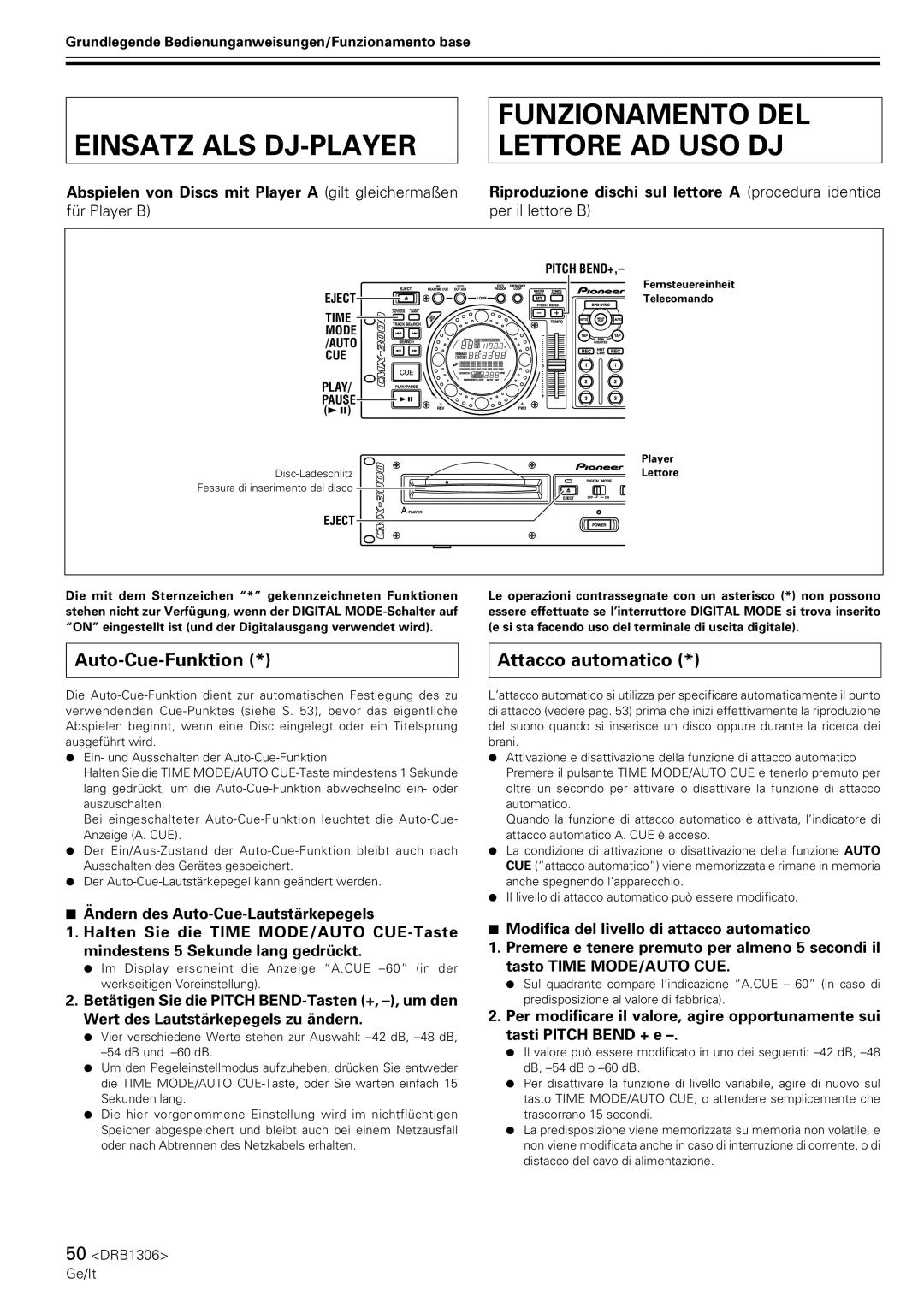 Pioneer CMX-3000 Einsatz ALS DJ-PLAYER, Funzionamento DEL Lettore AD USO DJ, Auto-Cue-Funktion, Attacco automatico 