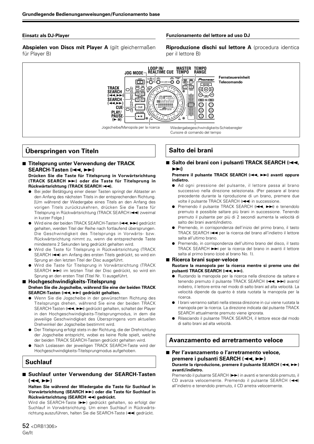 Pioneer CMX-3000 Überspringen von Titeln, Suchlauf, Salto dei brani, Avanzamento ed arretramento veloce 