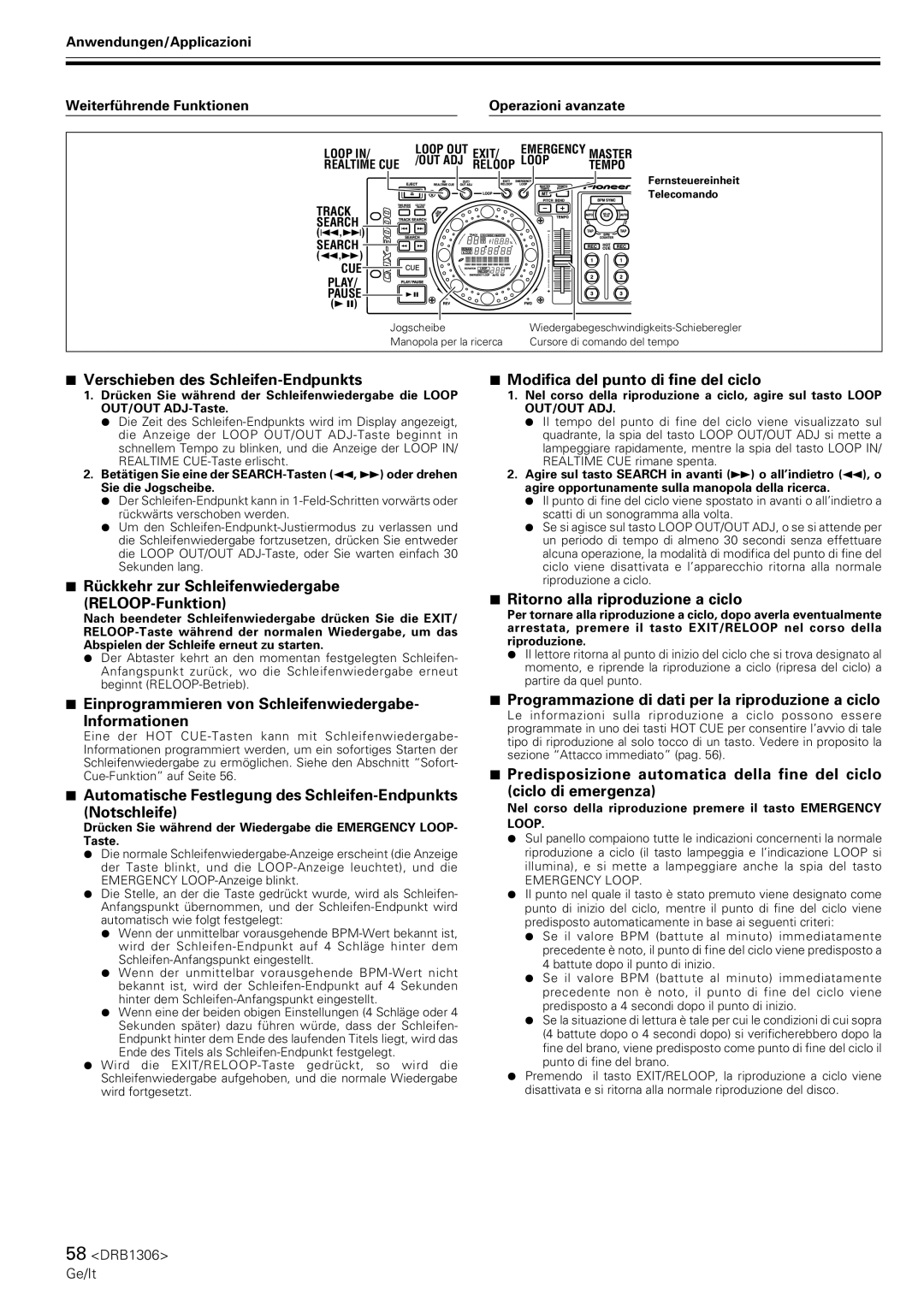 Pioneer CMX-3000 Verschieben des Schleifen-Endpunkts, Rückkehr zur Schleifenwiedergabe RELOOP-Funktion 