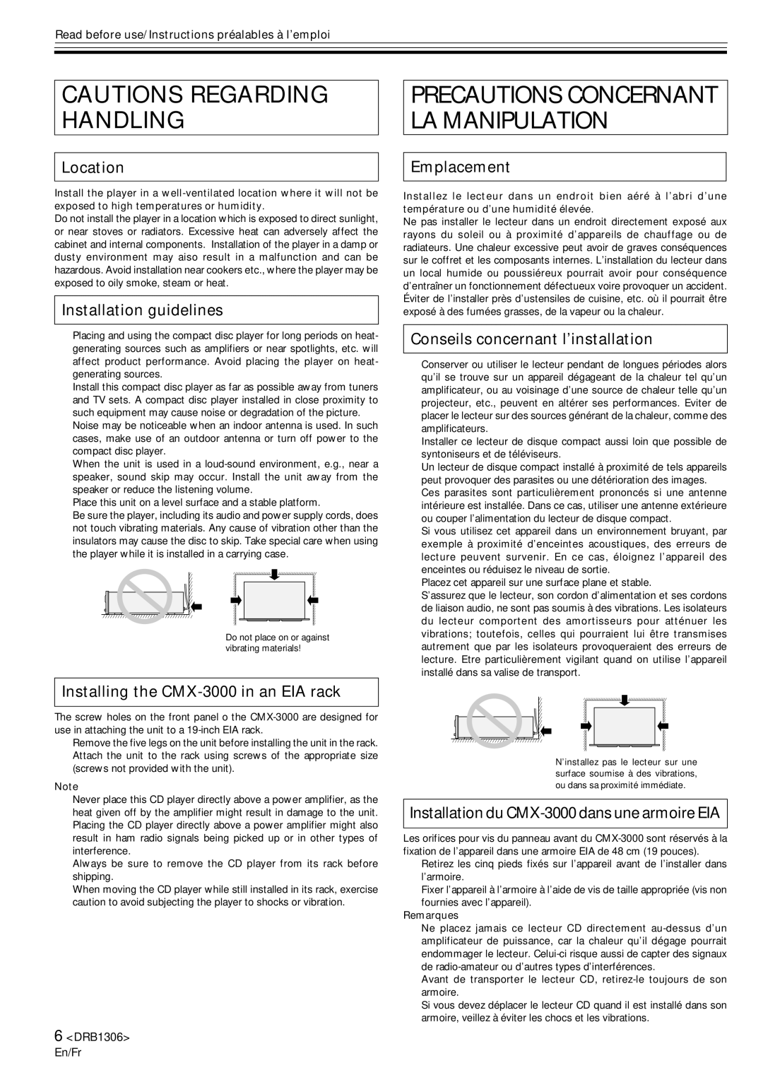 Pioneer operating instructions Location, Installation guidelines, Installing the CMX-3000 in an EIA rack, Emplacement 