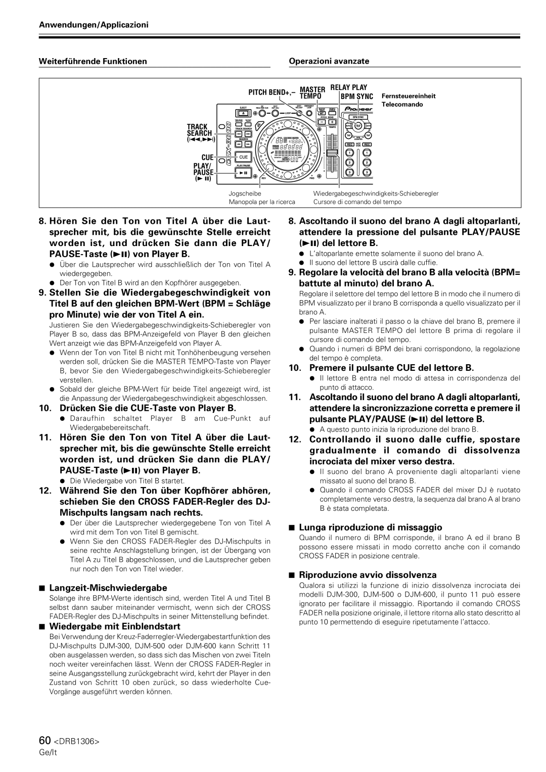 Pioneer CMX-3000 operating instructions 10. Drücken Sie die CUE-Taste von Player B, Premere il pulsante CUE del lettore B 