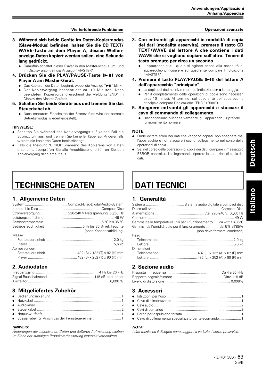 Pioneer CMX-3000 operating instructions Technische Daten Dati Tecnici 