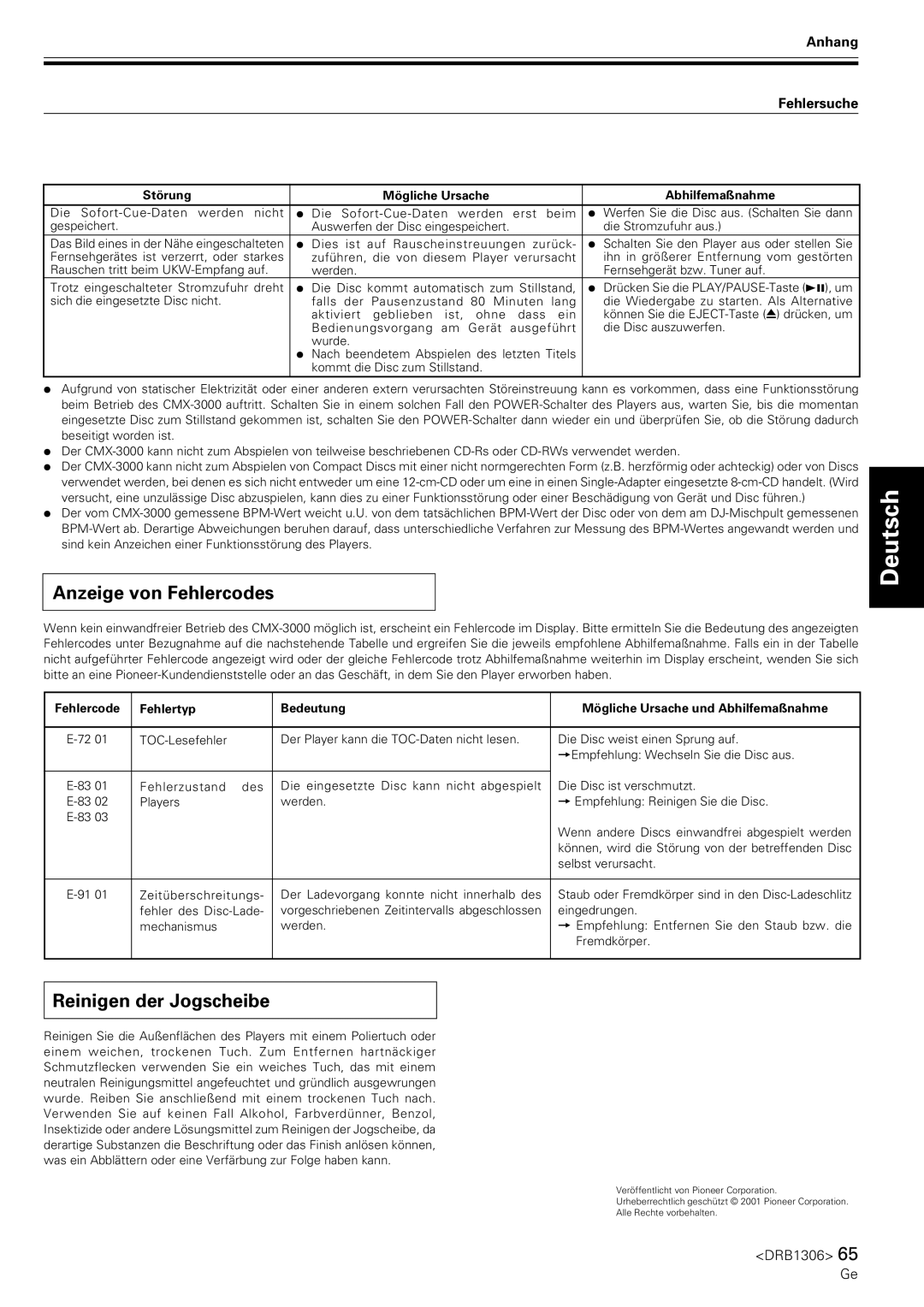 Pioneer CMX-3000 operating instructions Anzeige von Fehlercodes, Reinigen der Jogscheibe, Anhang Fehlersuche 