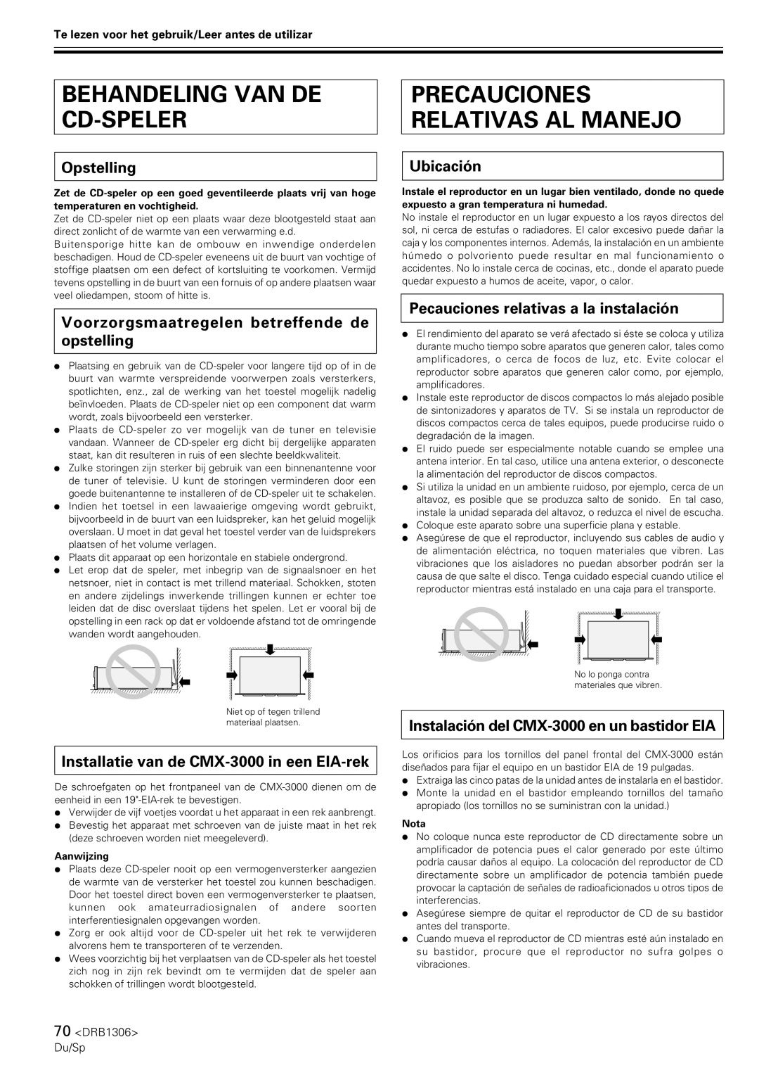 Pioneer CMX-3000 operating instructions Behandeling VAN DE CD-SPELER, Precauciones Relativas AL Manejo 