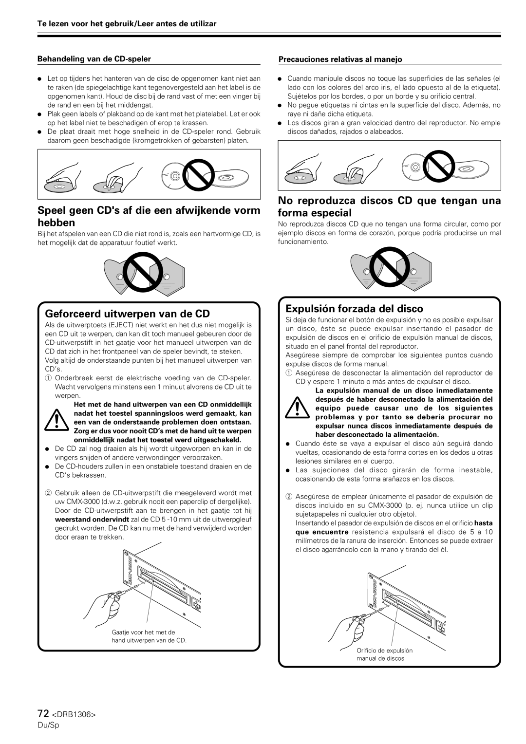 Pioneer CMX-3000 operating instructions Speel geen CDs af die een afwijkende vorm hebben, Geforceerd uitwerpen van de CD 