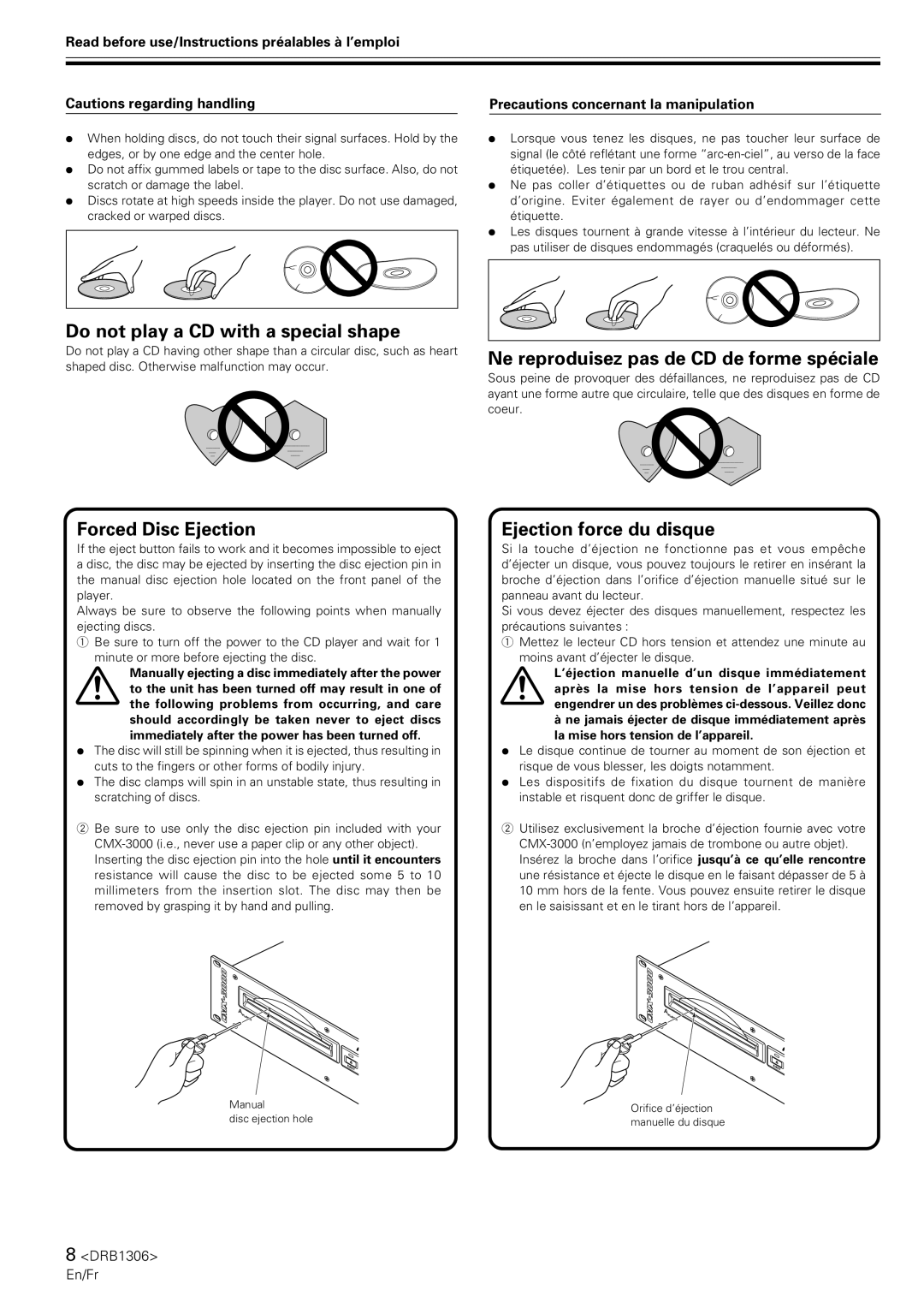 Pioneer CMX-3000 Do not play a CD with a special shape, Forced Disc Ejection, Ne reproduisez pas de CD de forme spéciale 