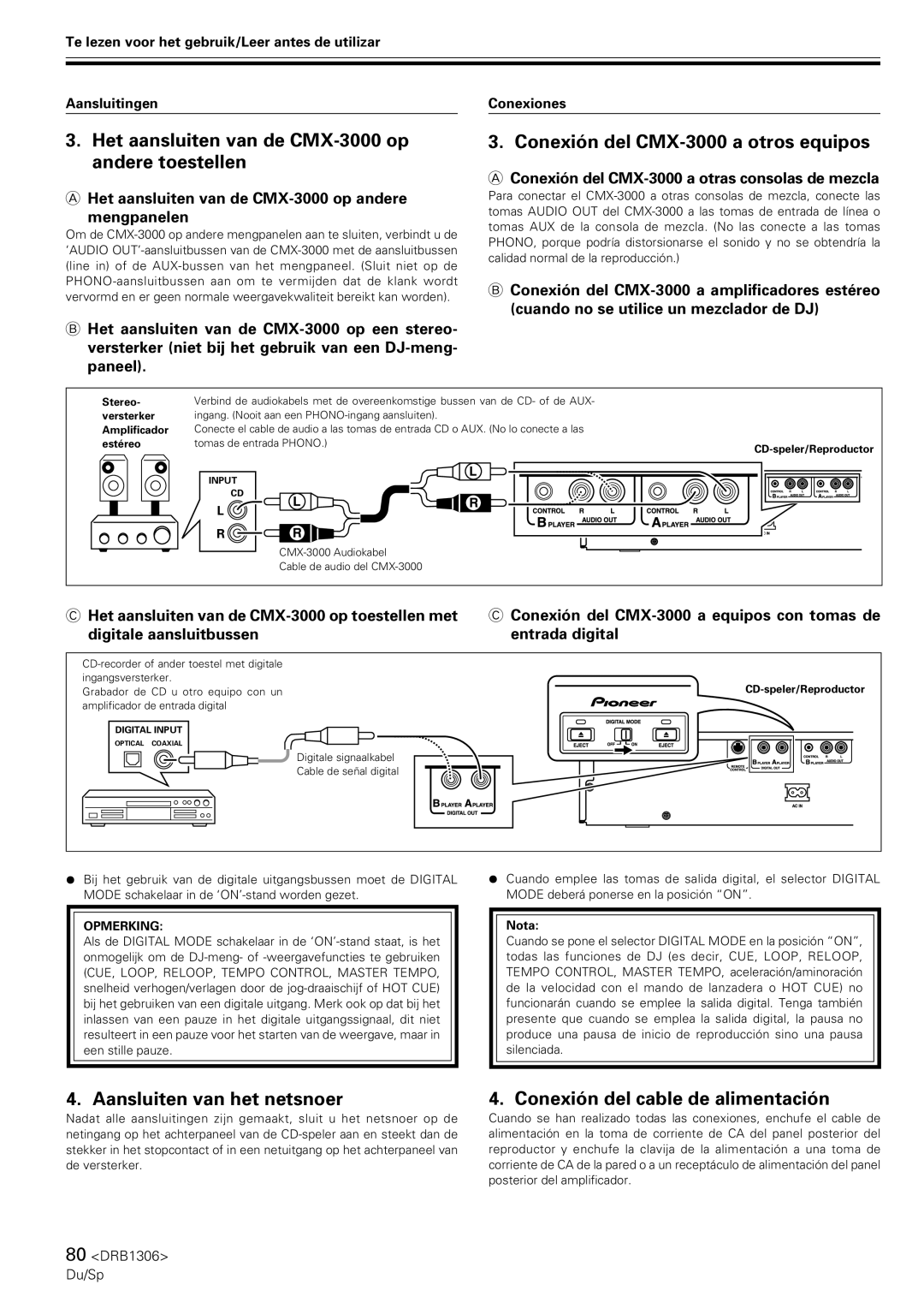 Pioneer Het aansluiten van de CMX-3000 op andere toestellen, Conexión del CMX-3000 a otros equipos 