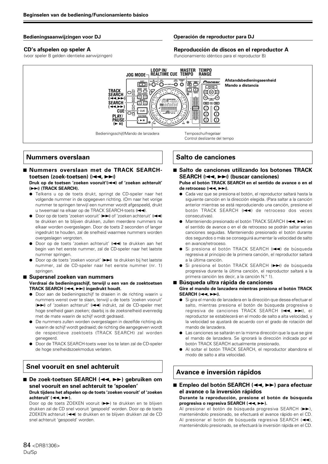 Pioneer CMX-3000 Nummers overslaan, Salto de canciones, Snel vooruit en snel achteruit, Avance e inversión rápidos 