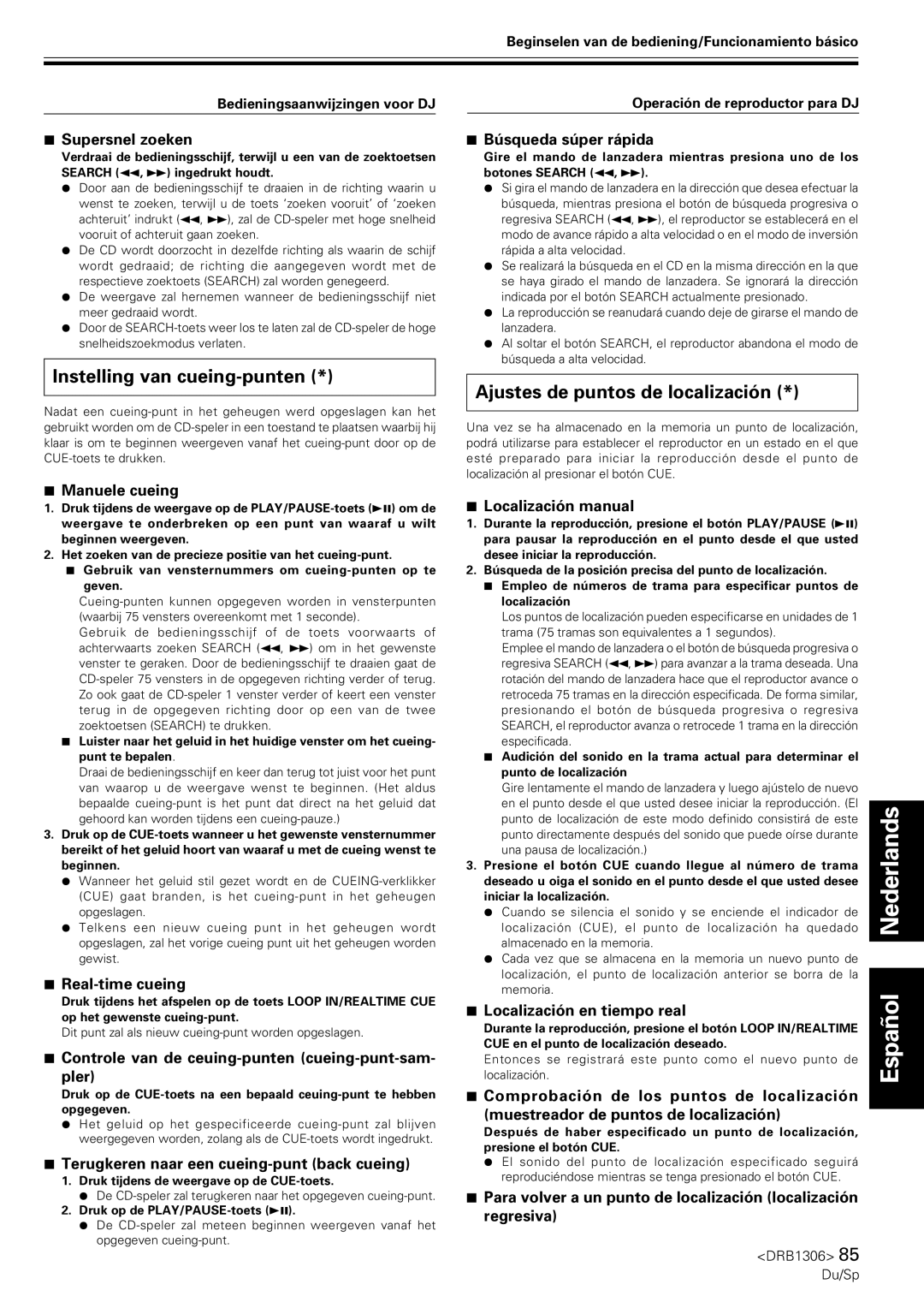 Pioneer CMX-3000 operating instructions Instelling van cueing-punten, Ajustes de puntos de localización 