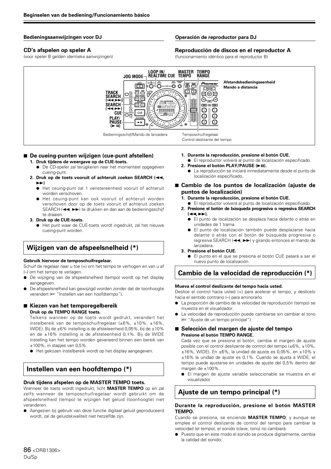 Pioneer CMX-3000 Wijzigen van de afspeelsnelheid, Instellen van een hoofdtempo, Cambio de la velocidad de reproducción 