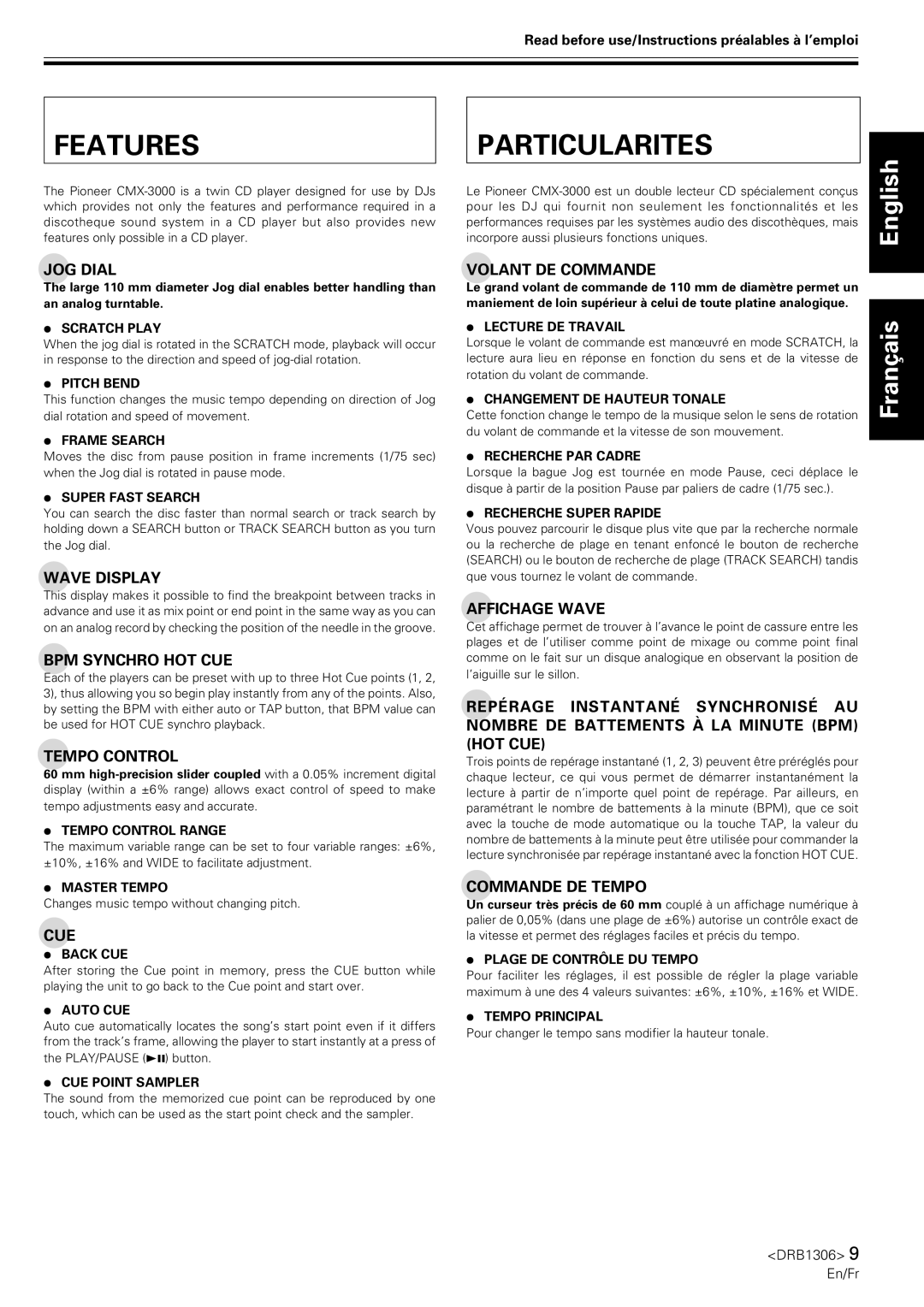 Pioneer CMX-3000 operating instructions Features, Particularites 