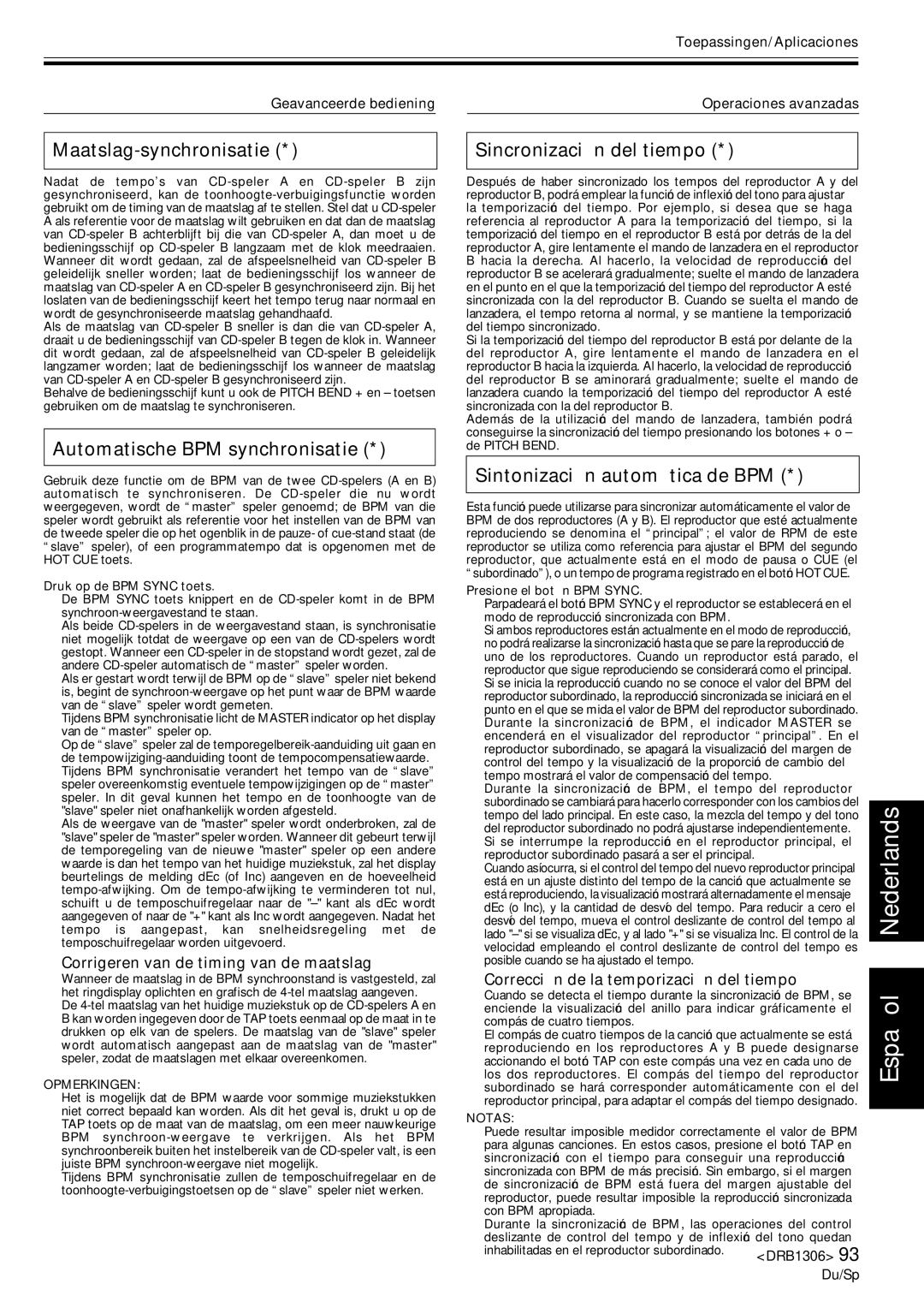 Pioneer CMX-3000 operating instructions Maatslag-synchronisatie, Automatische BPM synchronisatie, Sincronización del tiempo 