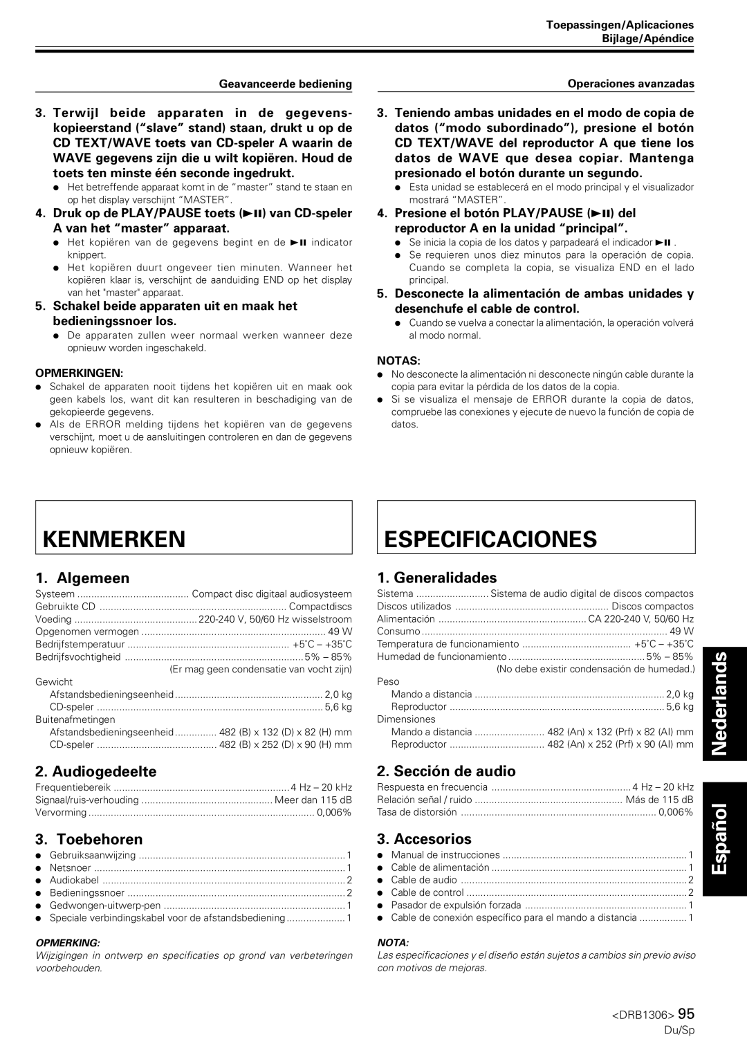 Pioneer CMX-3000 operating instructions Kenmerken, Especificaciones 