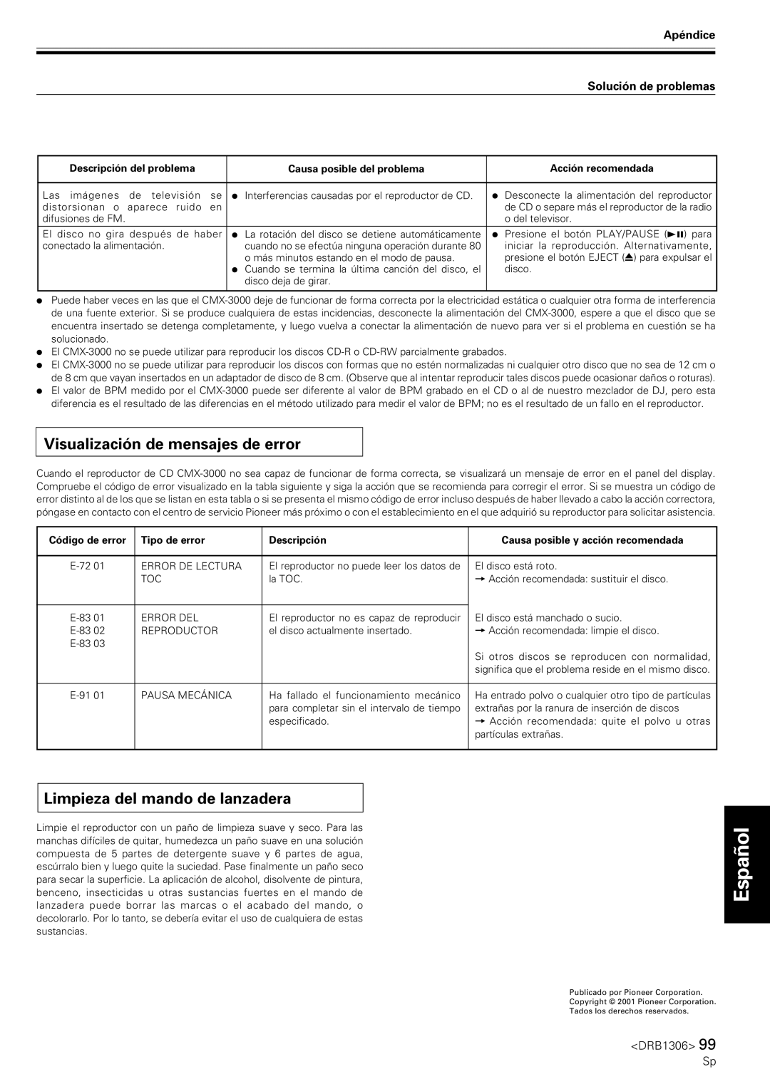 Pioneer CMX-3000 Visualización de mensajes de error, Limpieza del mando de lanzadera, Apéndice Solución de problemas 