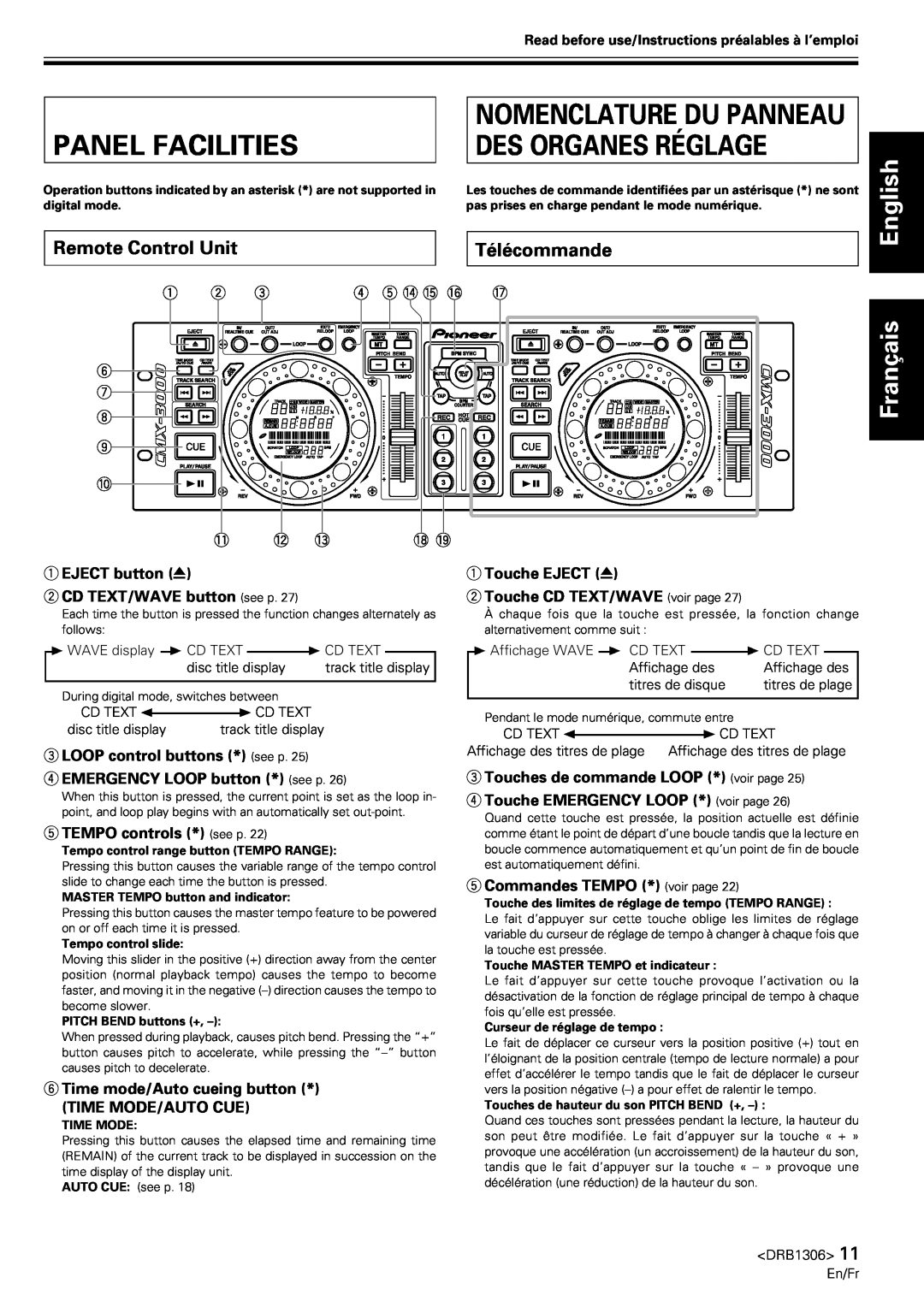 Pioneer CMX-3000 Panel Facilities, Nomenclature Du Panneau Des Organes Réglage, Remote Control Unit, Télécommande 