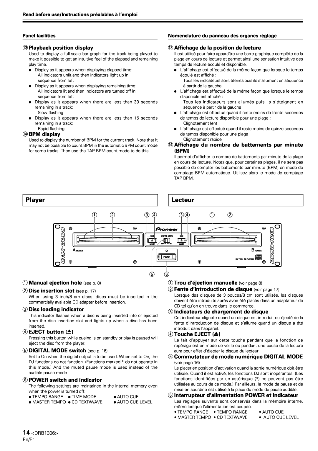 Pioneer CMX-3000 operating instructions Player, Lecteur 