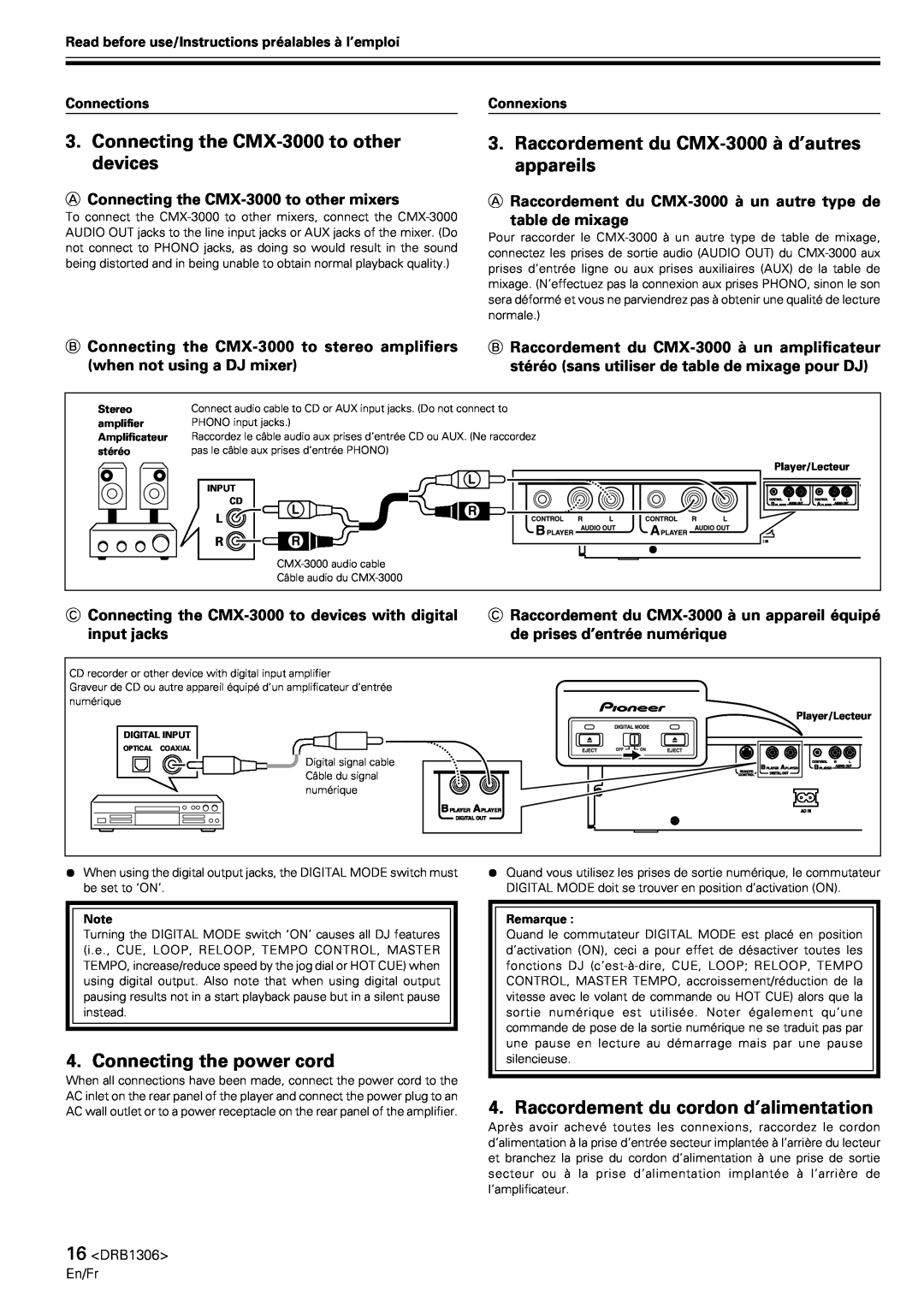 Pioneer operating instructions Connecting the CMX-3000to other devices, Raccordement du CMX-3000à d’autres appareils 