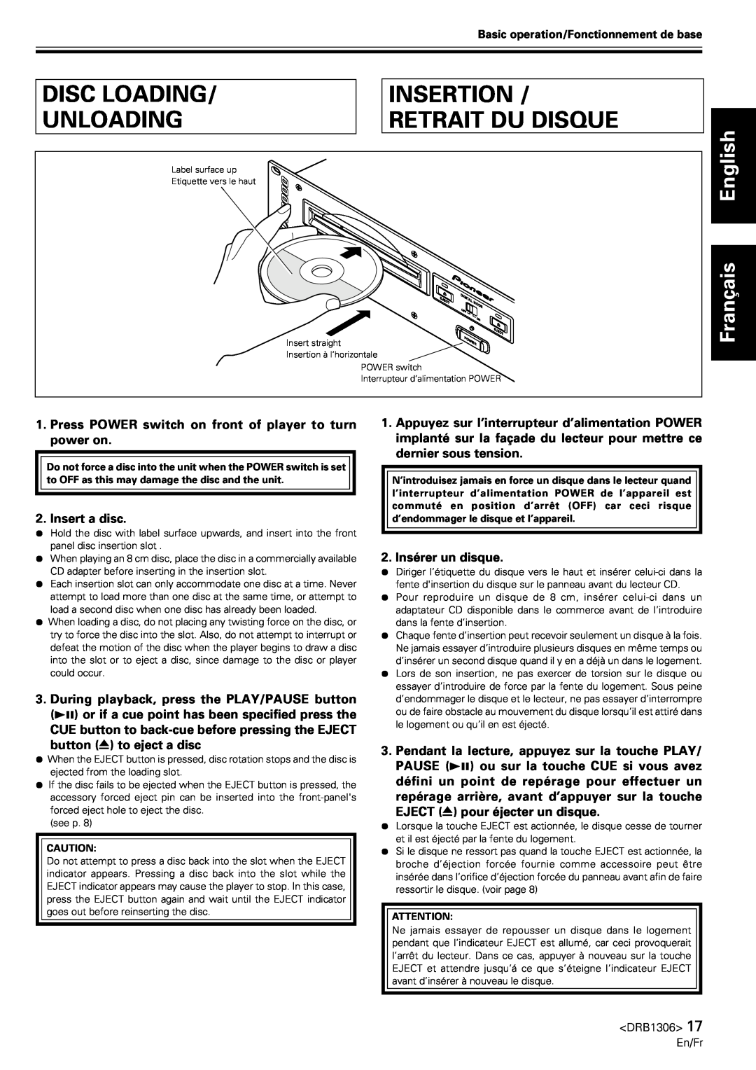 Pioneer CMX-3000 operating instructions Disc Loading, Insertion, Unloading, Retrait Du Disque, English Français 