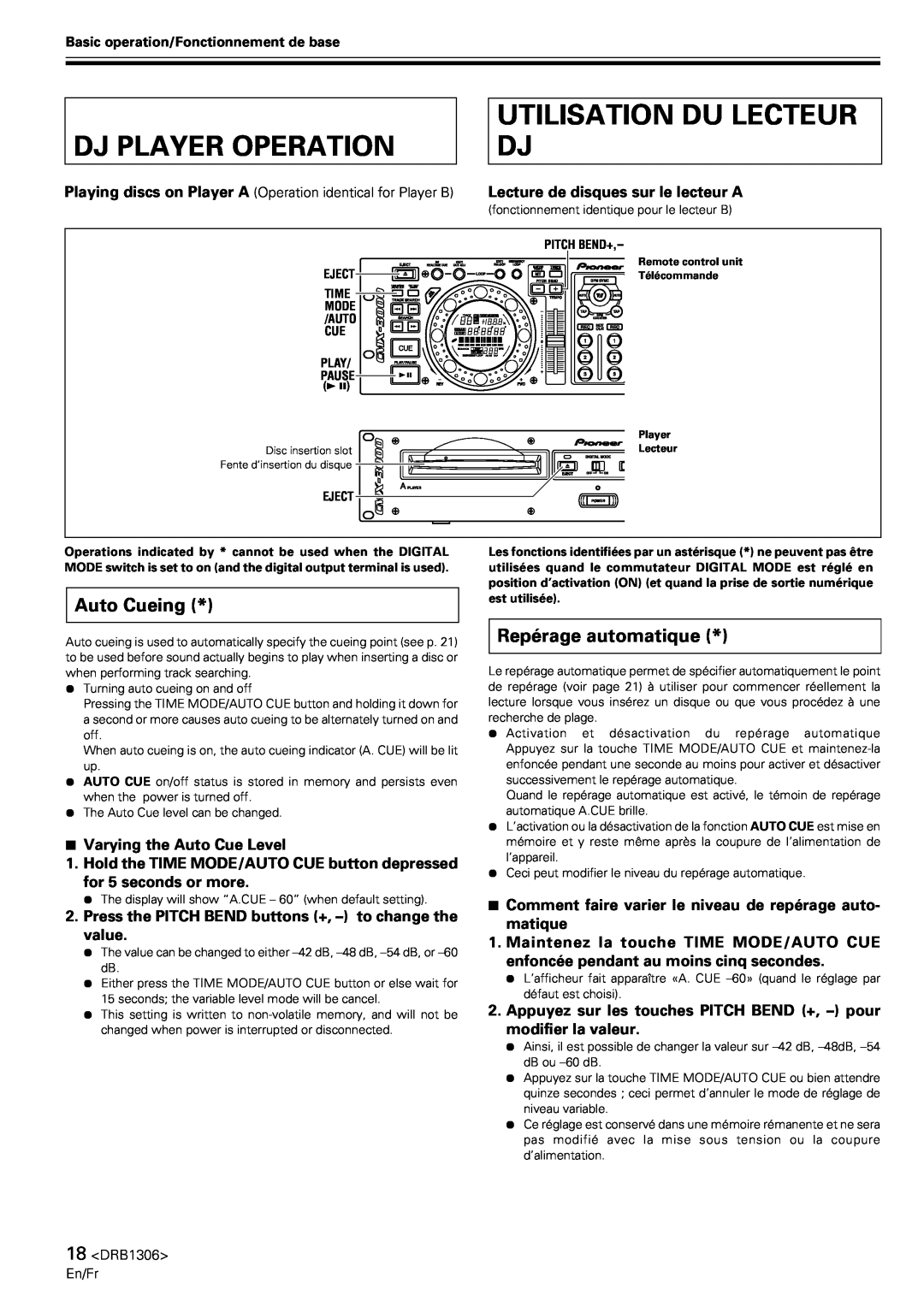 Pioneer CMX-3000 operating instructions Dj Player Operation, Utilisation Du Lecteur Dj, Auto Cueing, Repérage automatique 