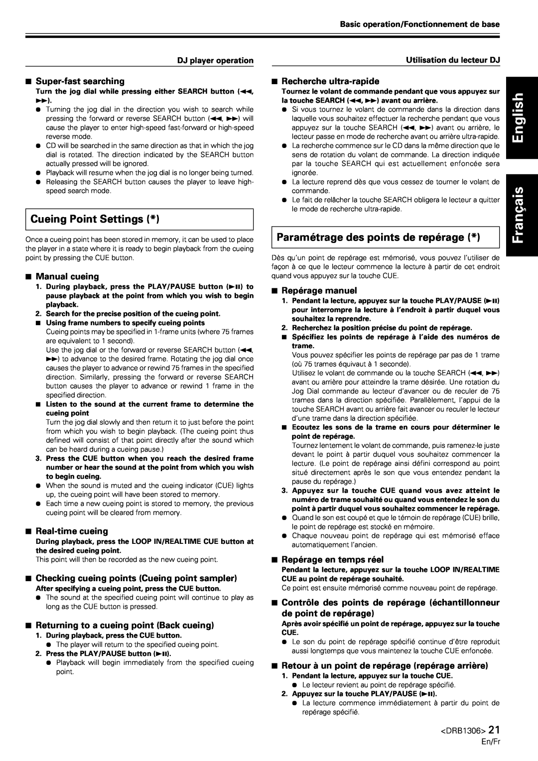 Pioneer CMX-3000 operating instructions Cueing Point Settings, Paramétrage des points de repérage, English Français 