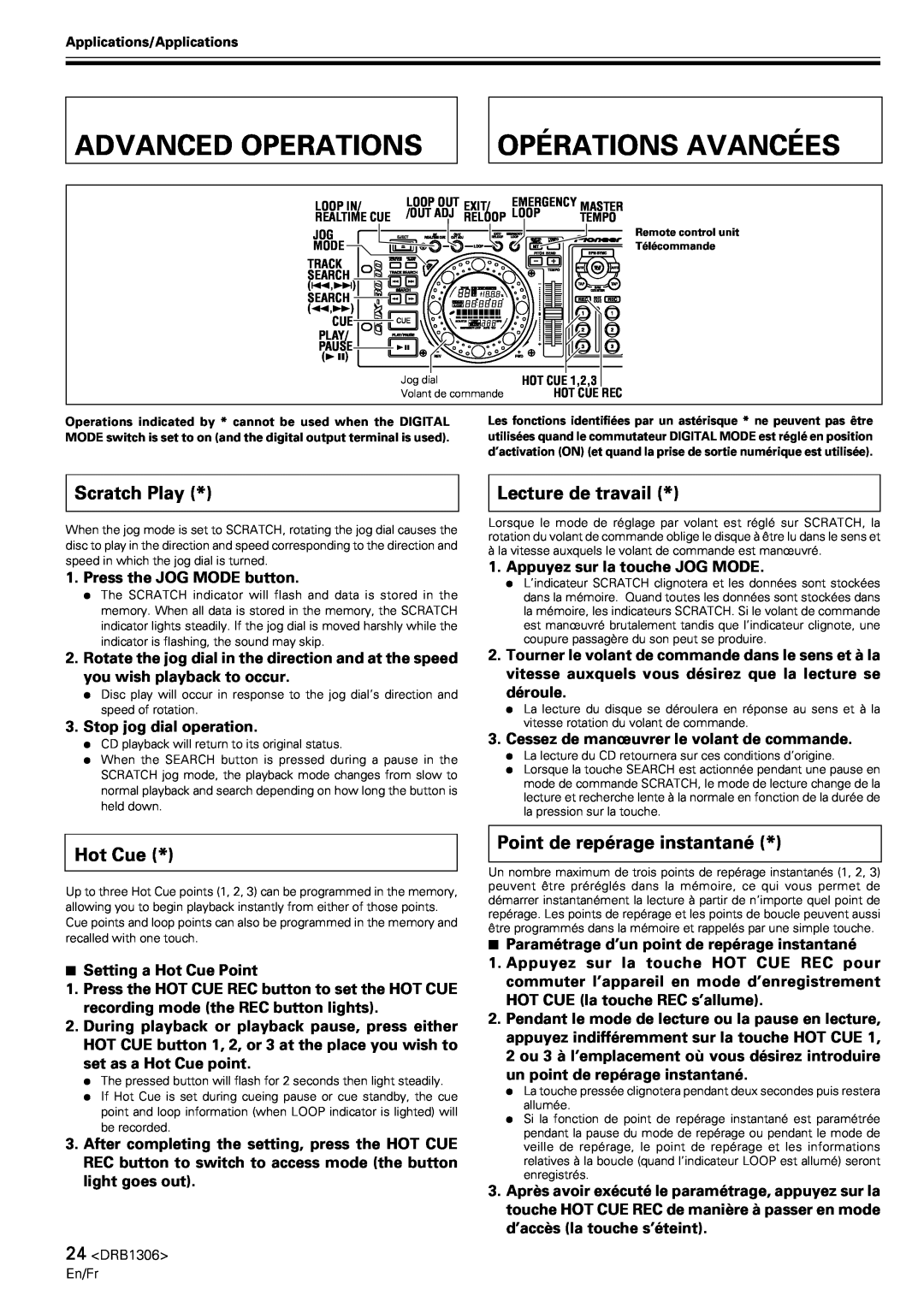 Pioneer CMX-3000 operating instructions Advanced Operations, Opérations Avancées, Scratch Play, Hot Cue, Lecture de travail 