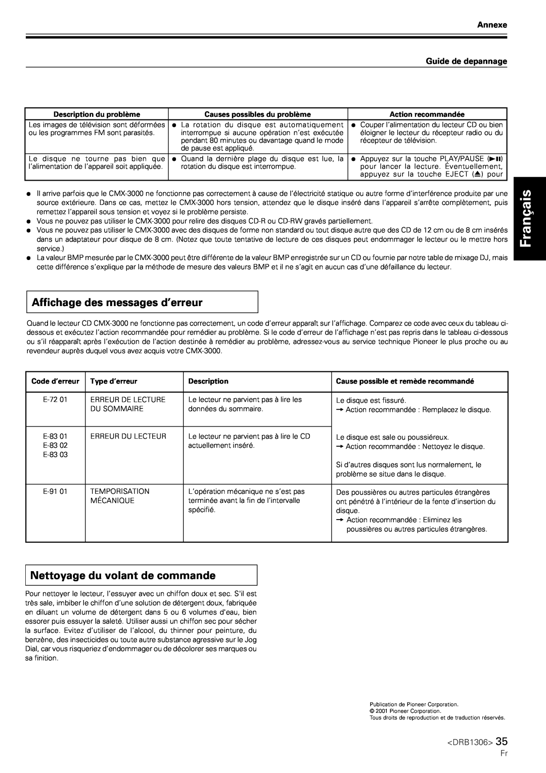 Pioneer CMX-3000 Affichage des messages d’erreur, Nettoyage du volant de commande, Français, Annexe Guide de depannage 