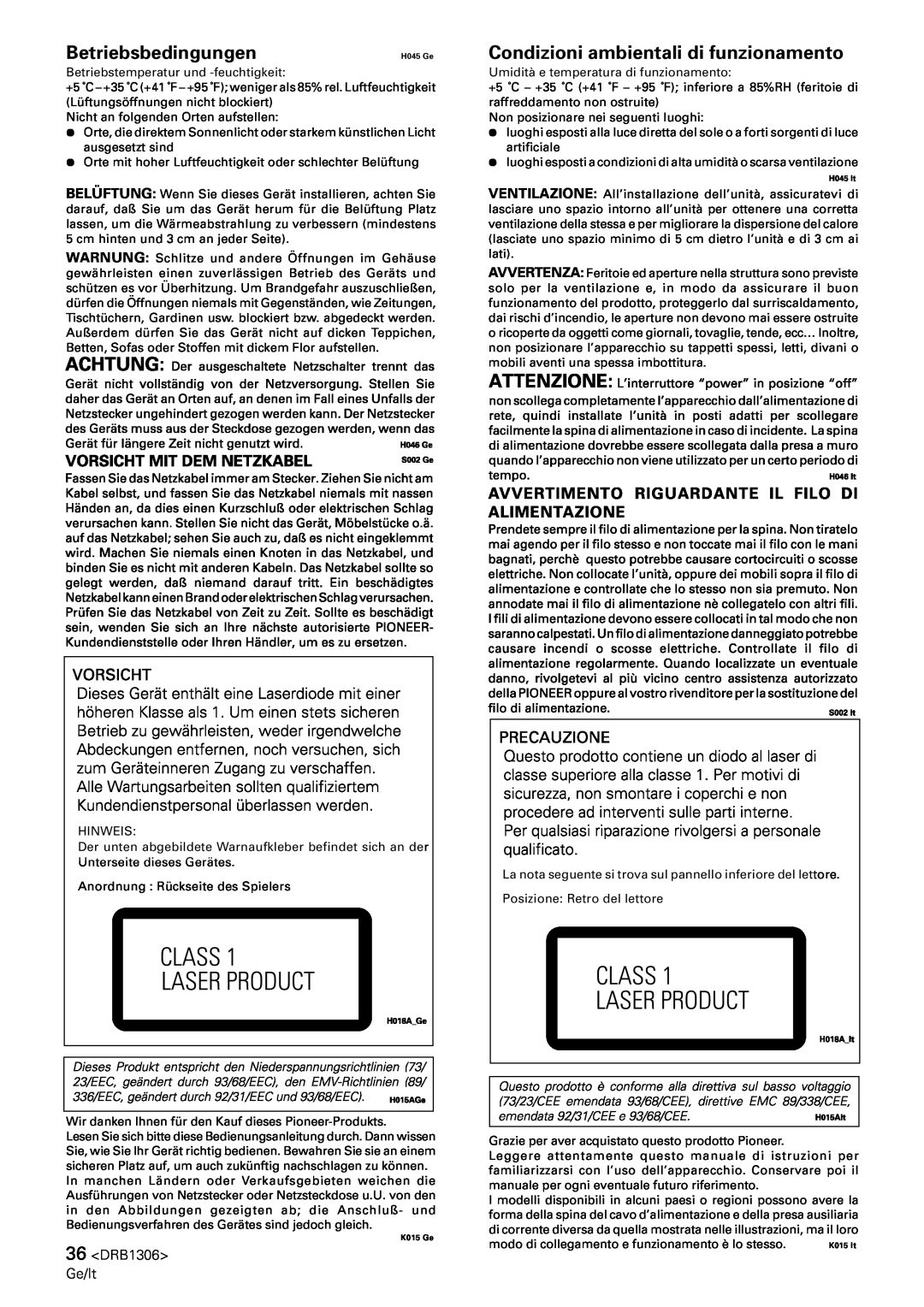 Pioneer CMX-3000 operating instructions Betriebsbedingungen, Condizioni ambientali di funzionamento, 36<DRB1306> Ge/It 