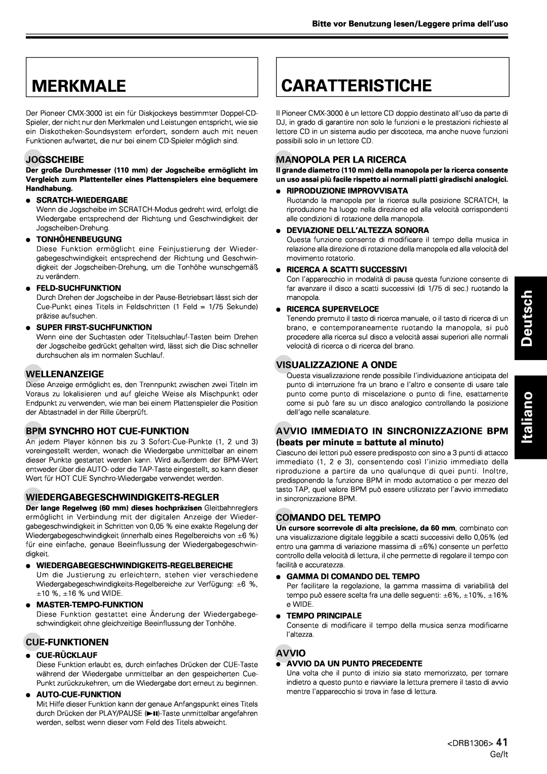 Pioneer CMX-3000 operating instructions Merkmale, Caratteristiche, Deutsch Italiano 