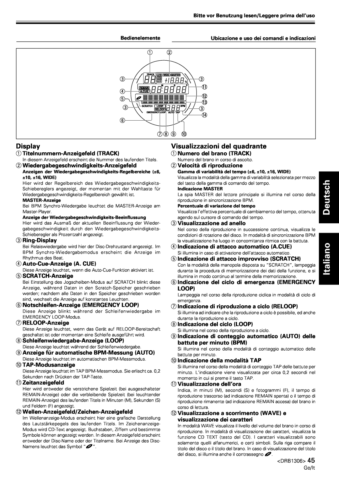 Pioneer CMX-3000 operating instructions Visualizzazioni del quadrante, Deutsch Italiano, Display 