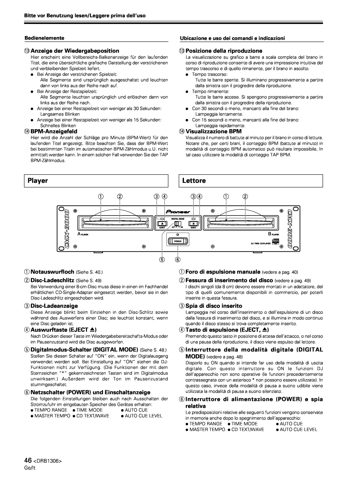 Pioneer CMX-3000 operating instructions Lettore, Player 
