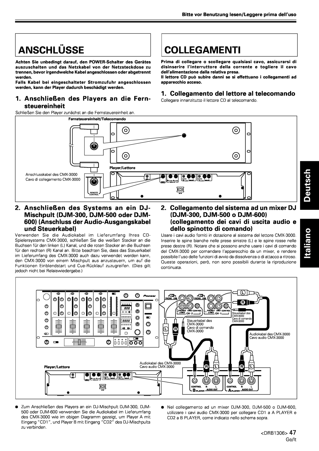 Pioneer CMX-3000 Anschlüsse, Collegamenti, Deutsch, Italiano, Collegamento del lettore al telecomando, steuereinheit 