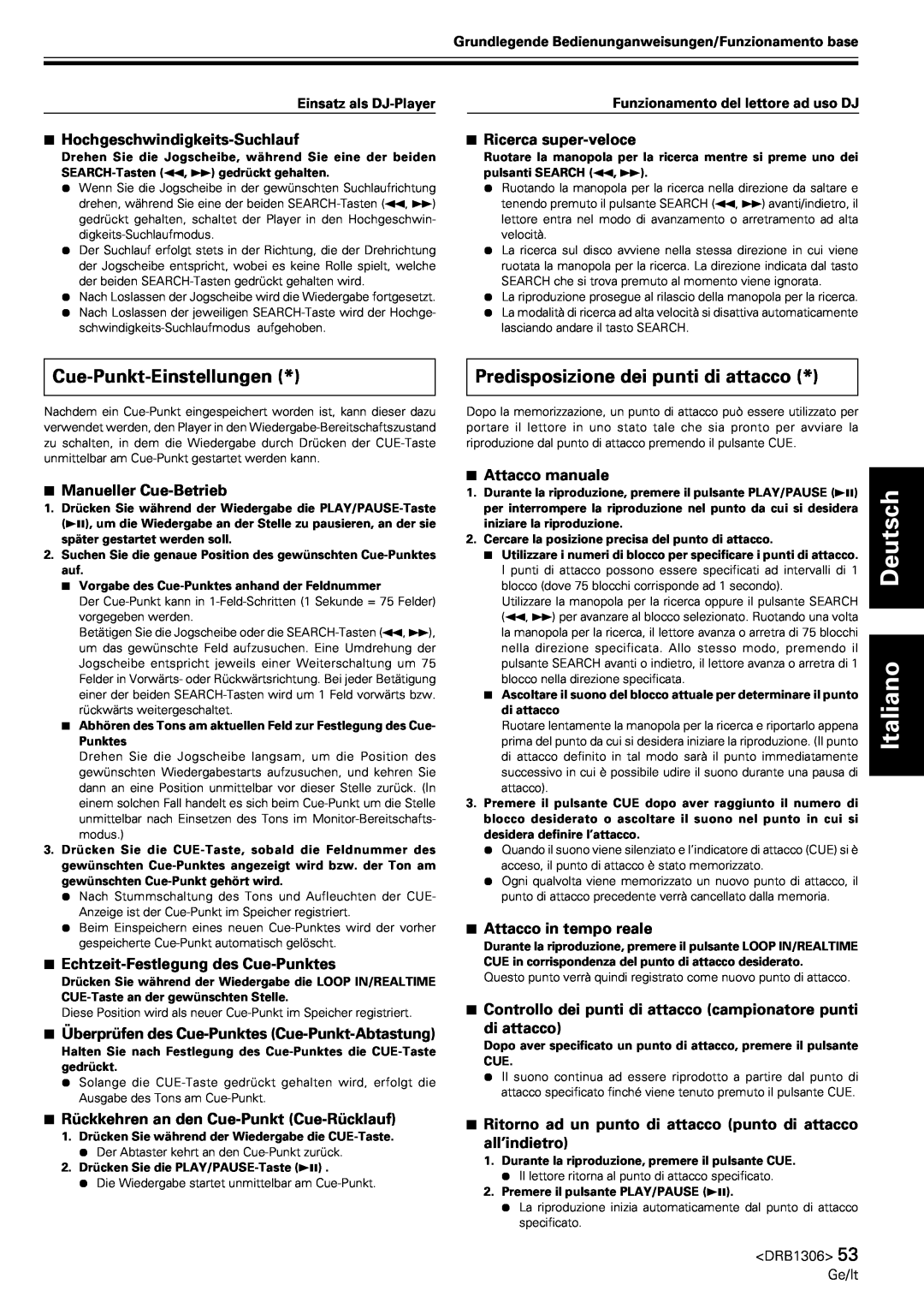 Pioneer CMX-3000 operating instructions Cue-Punkt-Einstellungen, Predisposizione dei punti di attacco, Deutsch Italiano 