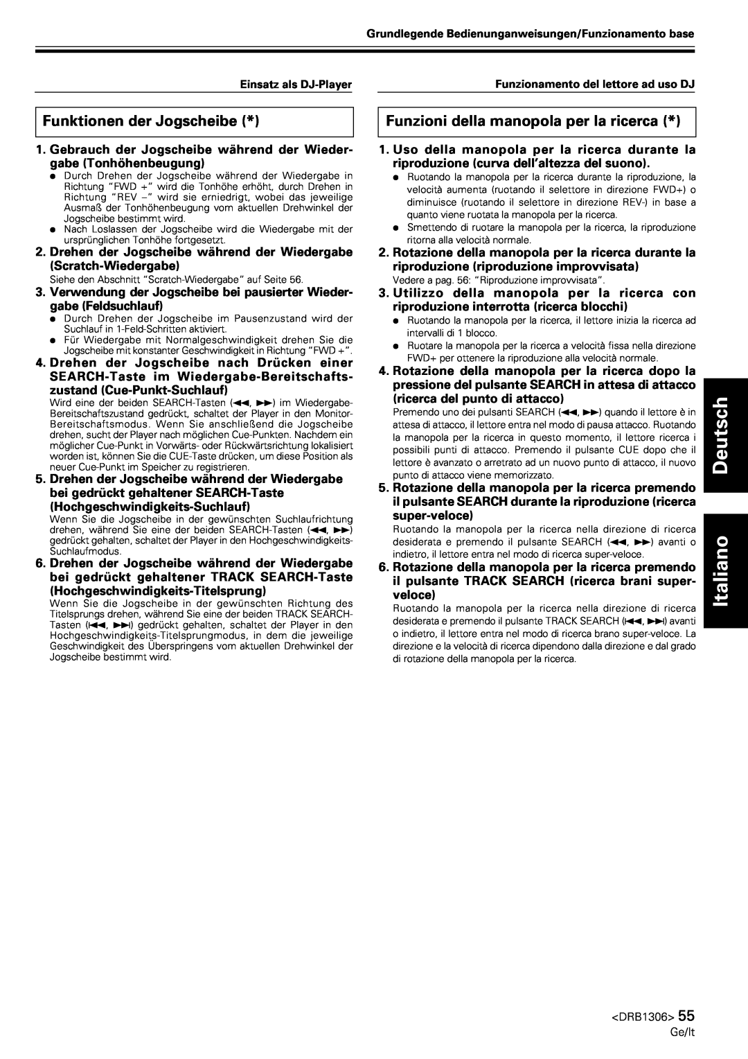 Pioneer CMX-3000 operating instructions Funktionen der Jogscheibe, Funzioni della manopola per la ricerca, Deutsch Italiano 