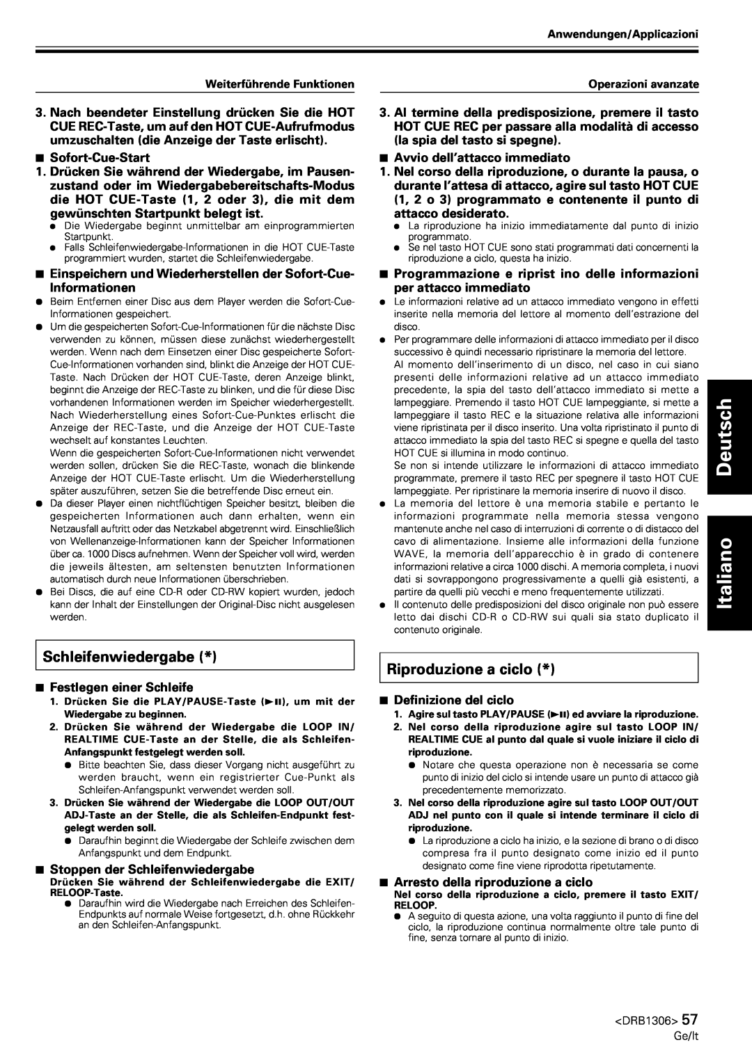 Pioneer CMX-3000 operating instructions Schleifenwiedergabe, Riproduzione a ciclo, Deutsch Italiano 