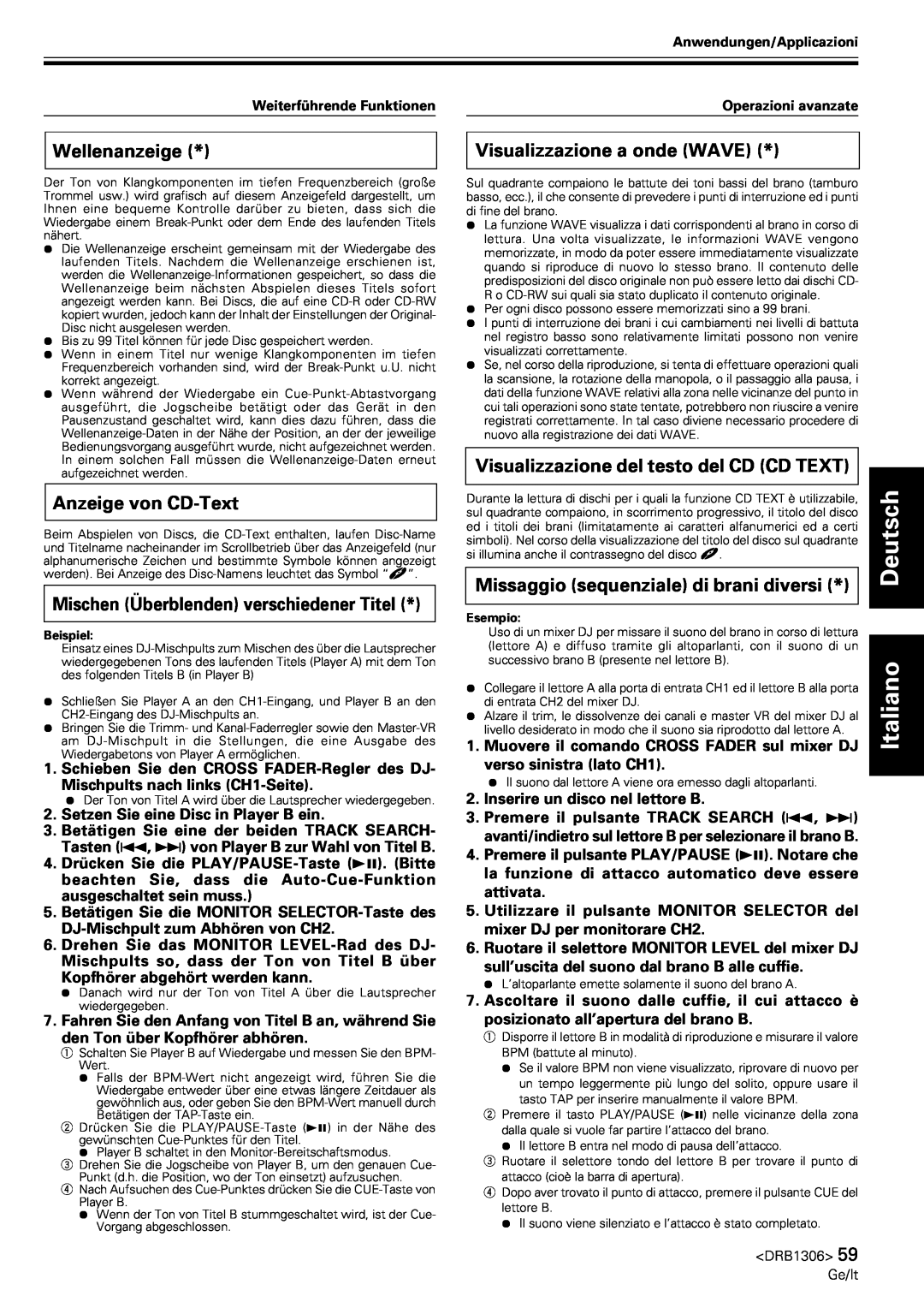 Pioneer CMX-3000 Wellenanzeige, Anzeige von CD-Text, Mischen Überblenden verschiedener Titel, Visualizzazione a onde WAVE 