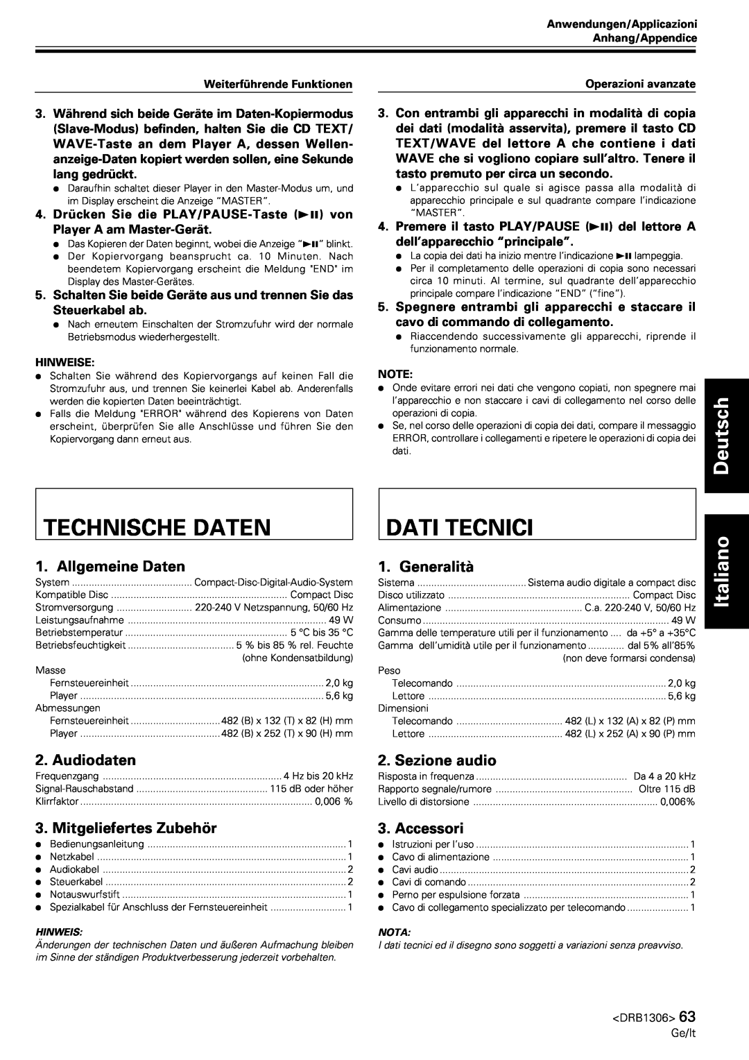 Pioneer CMX-3000 Technische Daten, Dati Tecnici, Allgemeine Daten, Generalità, Audiodaten, Sezione audio, Accessori 