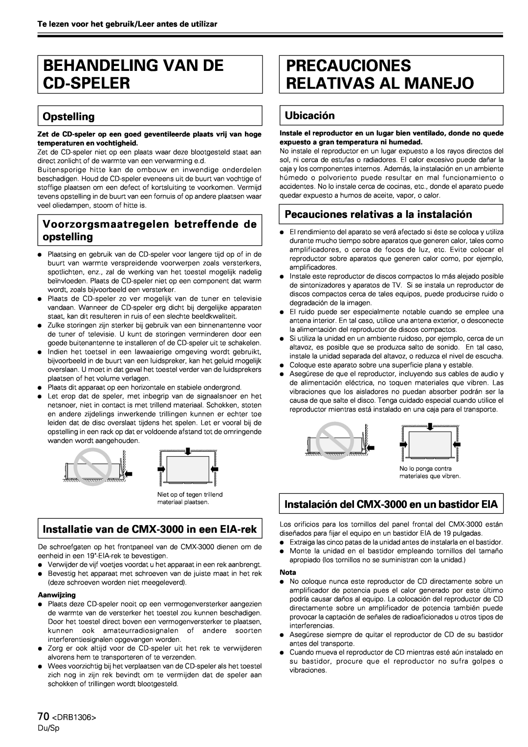 Pioneer CMX-3000 Behandeling Van De Cd-Speler, Precauciones Relativas Al Manejo, Opstelling, Ubicación 