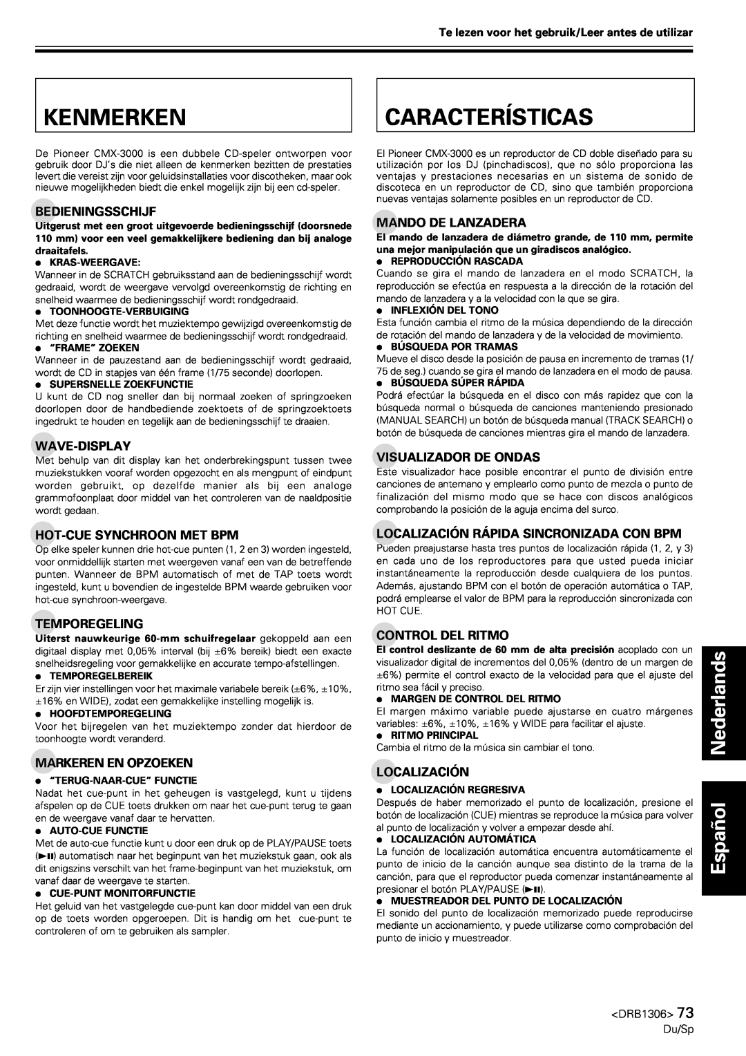 Pioneer CMX-3000 operating instructions Kenmerken, Características, Español Nederlands 